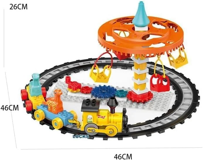 مجموعه بلوک ساختنی مسیر قطار چرخ و فلک - اسباب بازی ساختنی آموزشی با سواری چرخشی و فیگورهای حیوانات، کیت بازی DIY برای کودکان پسر و دختر، بلوک های خلاقانه رنگارنگ