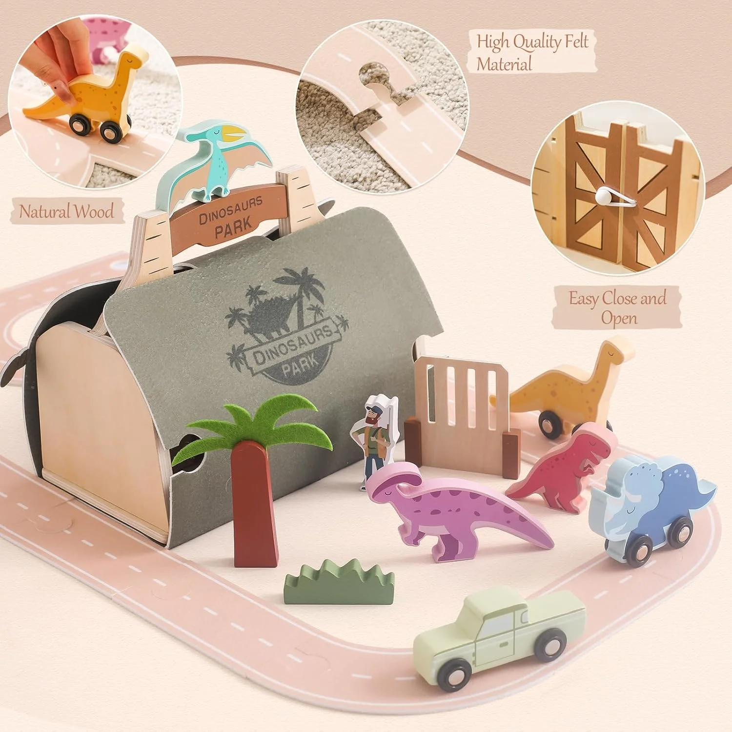 پیست مسابقه دایناسور EERKEOD، مجموعه مسیرهای قطار چوبی برای کودکان 3، 4، 5، 6 ساله، 35 قطعه مسیر و لوازم جانبی قطار چوبی برای کودکان به همراه 4 فیگور دایناسور برای پسران و دختران - شامل جعبه نگهداری