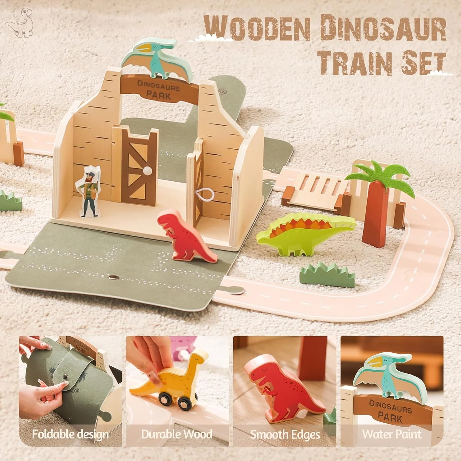 پیست مسابقه دایناسور EERKEOD، مجموعه مسیرهای قطار چوبی برای کودکان 3، 4، 5، 6 ساله، 35 قطعه مسیر و لوازم جانبی قطار چوبی برای کودکان به همراه 4 فیگور دایناسور برای پسران و دختران - شامل جعبه نگهداری