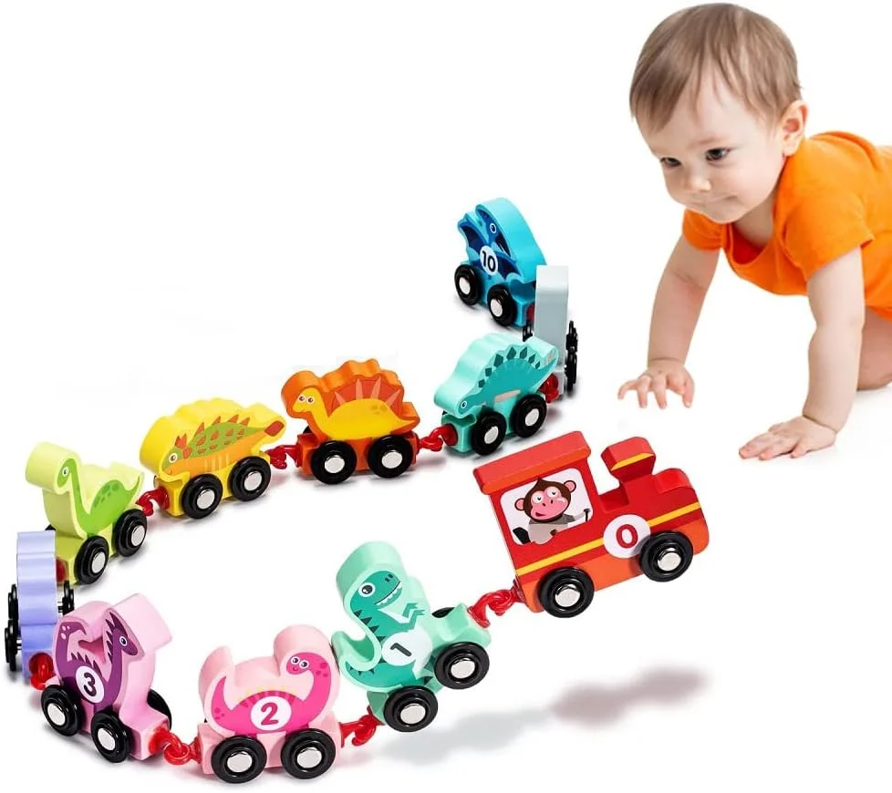ست ۱۱ عددی ماشین اسباب بازی با طرح دایناسور چوبی و اعداد، اسباب بازی آموزشی برای کودکان ۱، ۲، ۳ و ۴ ساله، هدیه تولد و مناسب نوزادان ۱۲ تا ۱۸ ماهه