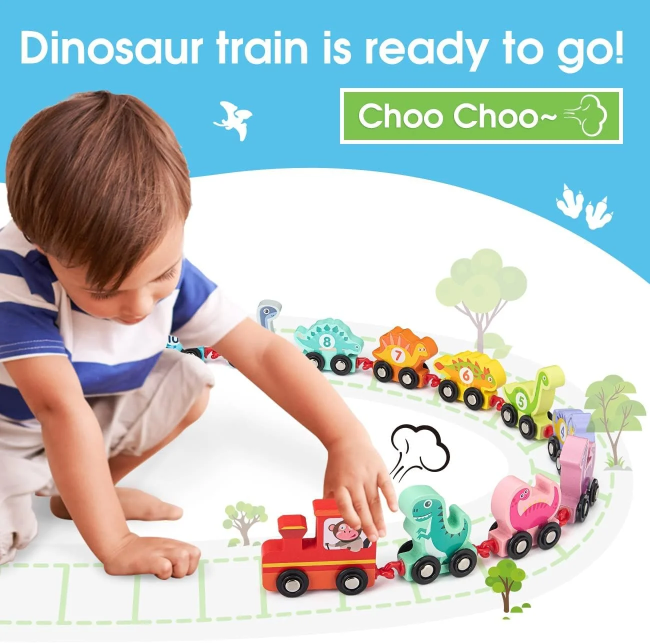 ست ۱۱ عددی ماشین اسباب بازی با طرح دایناسور چوبی و اعداد، اسباب بازی آموزشی برای کودکان ۱، ۲، ۳ و ۴ ساله، هدیه تولد و مناسب نوزادان ۱۲ تا ۱۸ ماهه