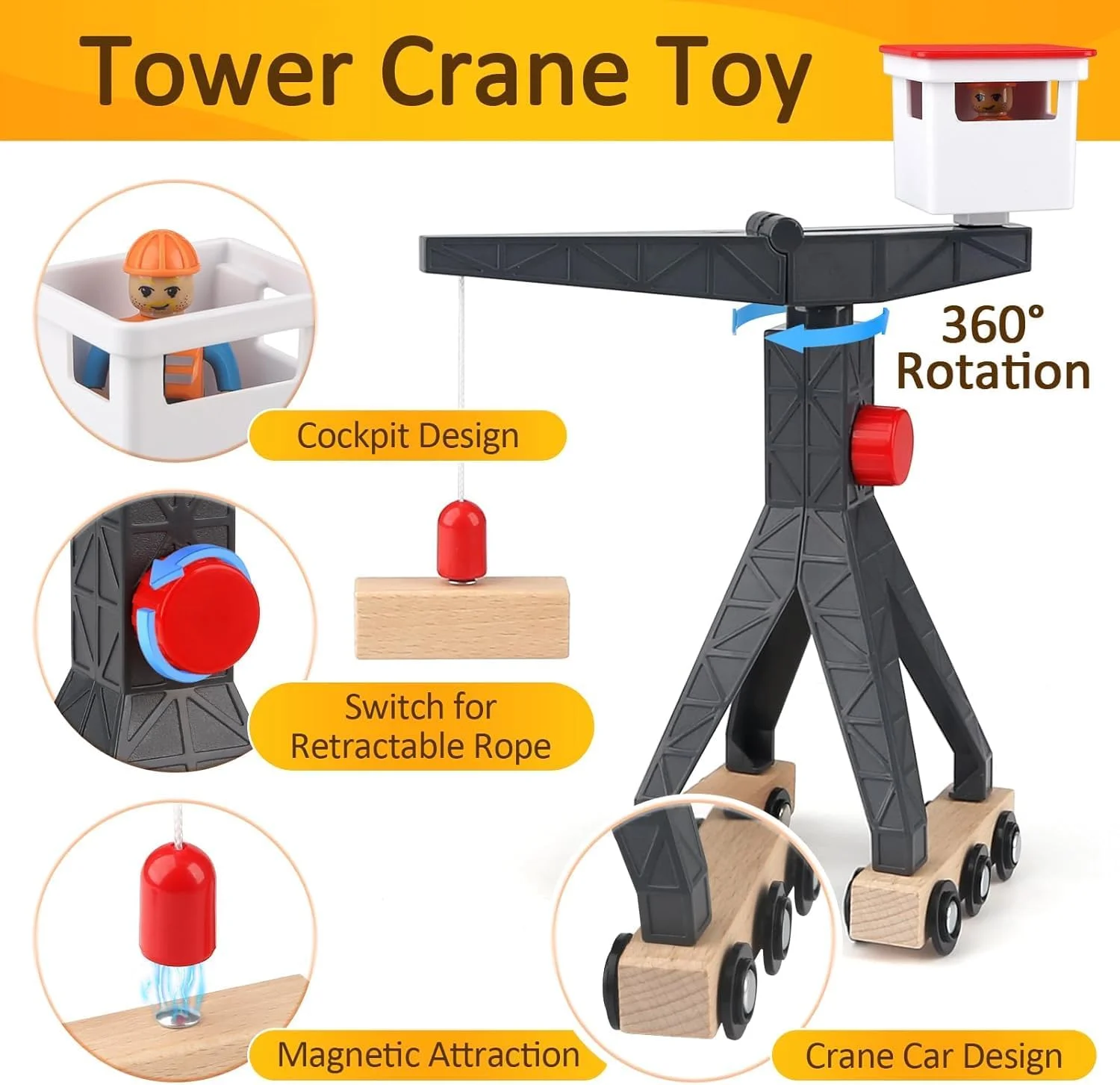 مجموعه اسباب بازی های ساختمانی برای کودکان 3، 4 و 5 ساله، مجموعه اسباب بازی وسایل نقلیه ساختمانی چوبی با جرثقیل برجی، بیل مکانیکی، کامیون کمپرسی، غلتک جاده، هدیه اسباب بازی پسرانه برای کودکان نوپا