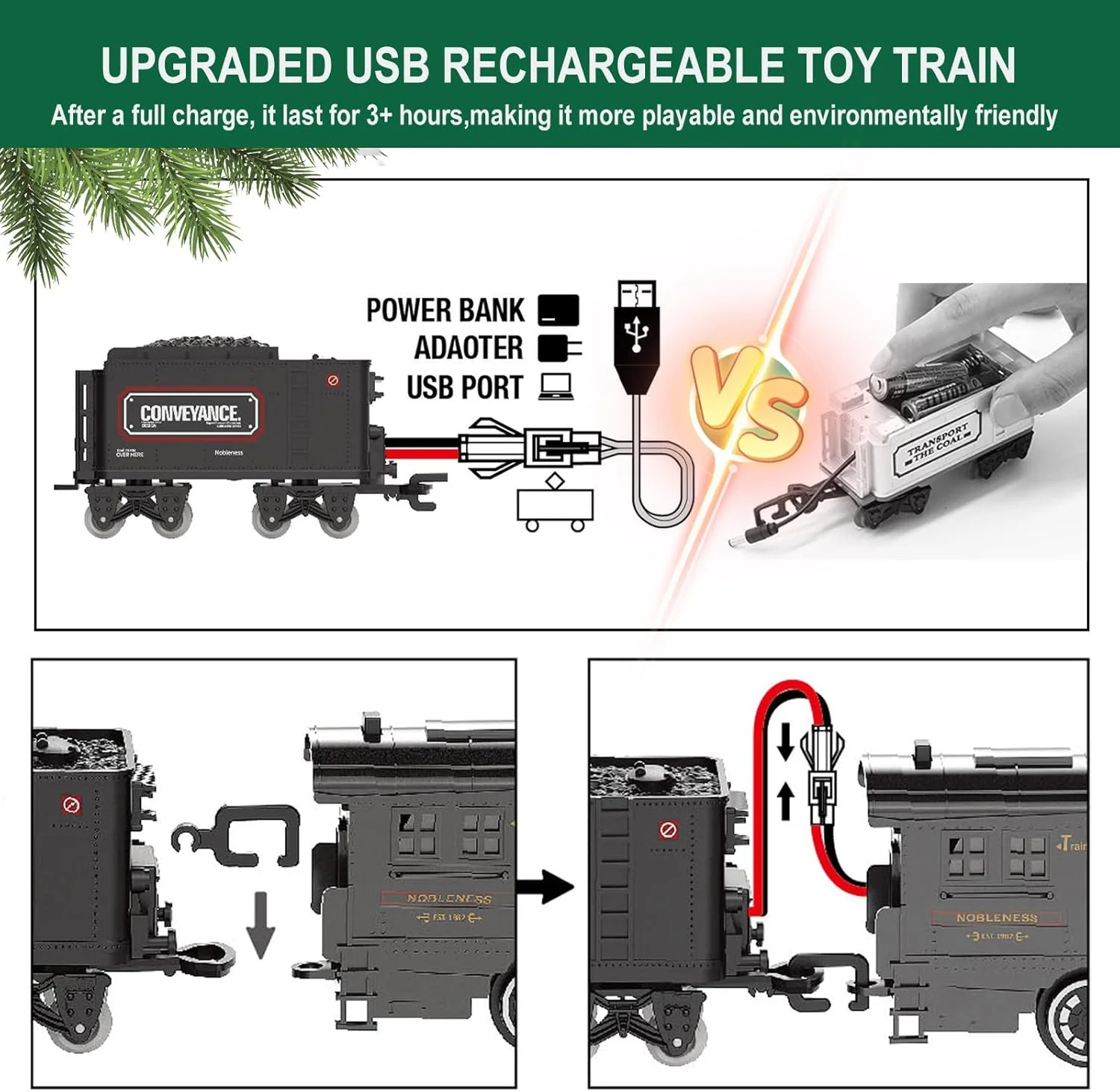 مجموعه قطار برقی برای پسران و دختران، قطارهای آلیاژ فلزی، اسباب بازی های قطار کریسمس، لوکوموتیو بخار، واگن های مسافربری، ریل ها، نور و صدا، هدیه تولد برای کودکان 3 4 5 6 7 8+ ساله، سبز