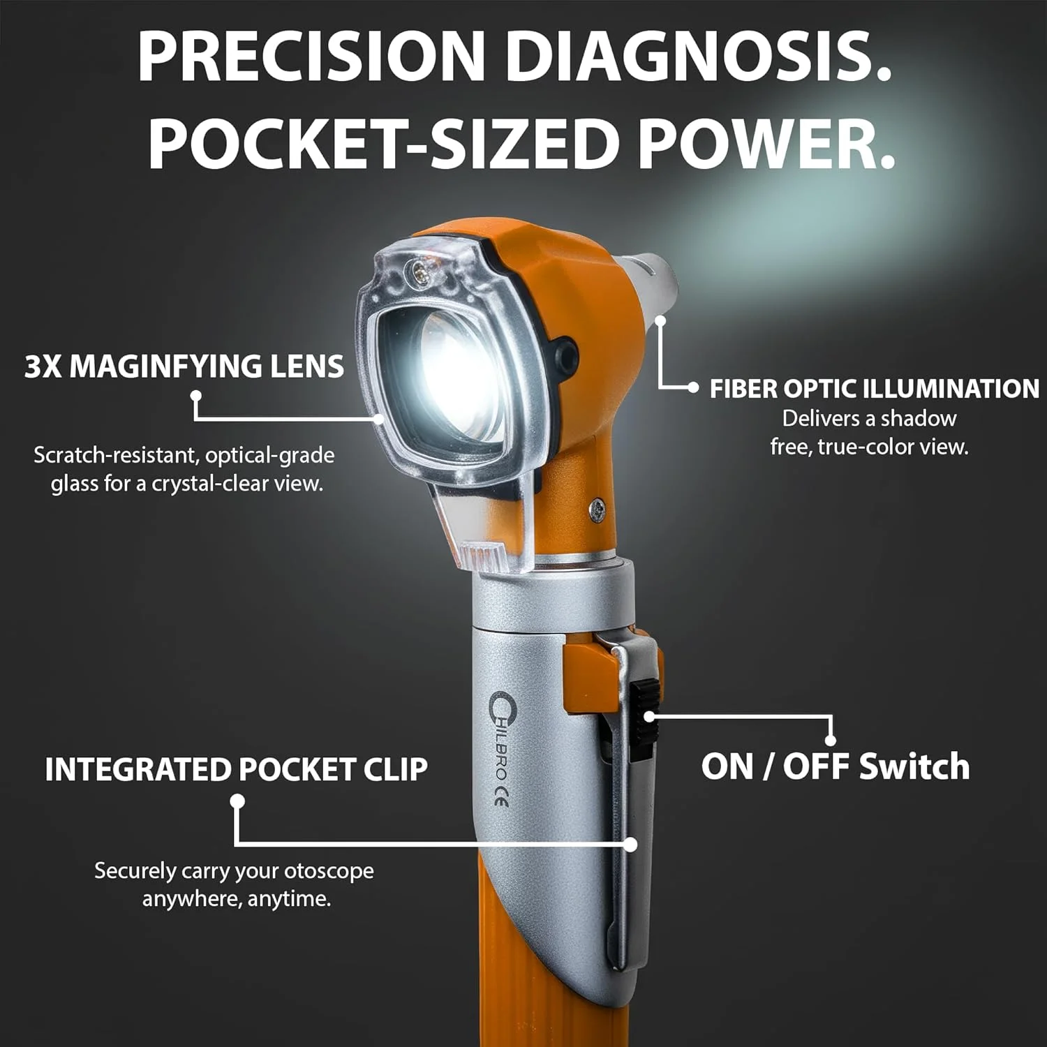 ست تشخیصی حرفه ای اتوسکوپ با LED روشن فیبر نوری برای دید رنگ واقعی | بزرگنمایی 3 برابر | 10 اسپکولوم قابل استفاده مجدد و کیف مسافرتی برای پزشکان گوش و حلق و بینی | 6 رنگ (نارنجی)