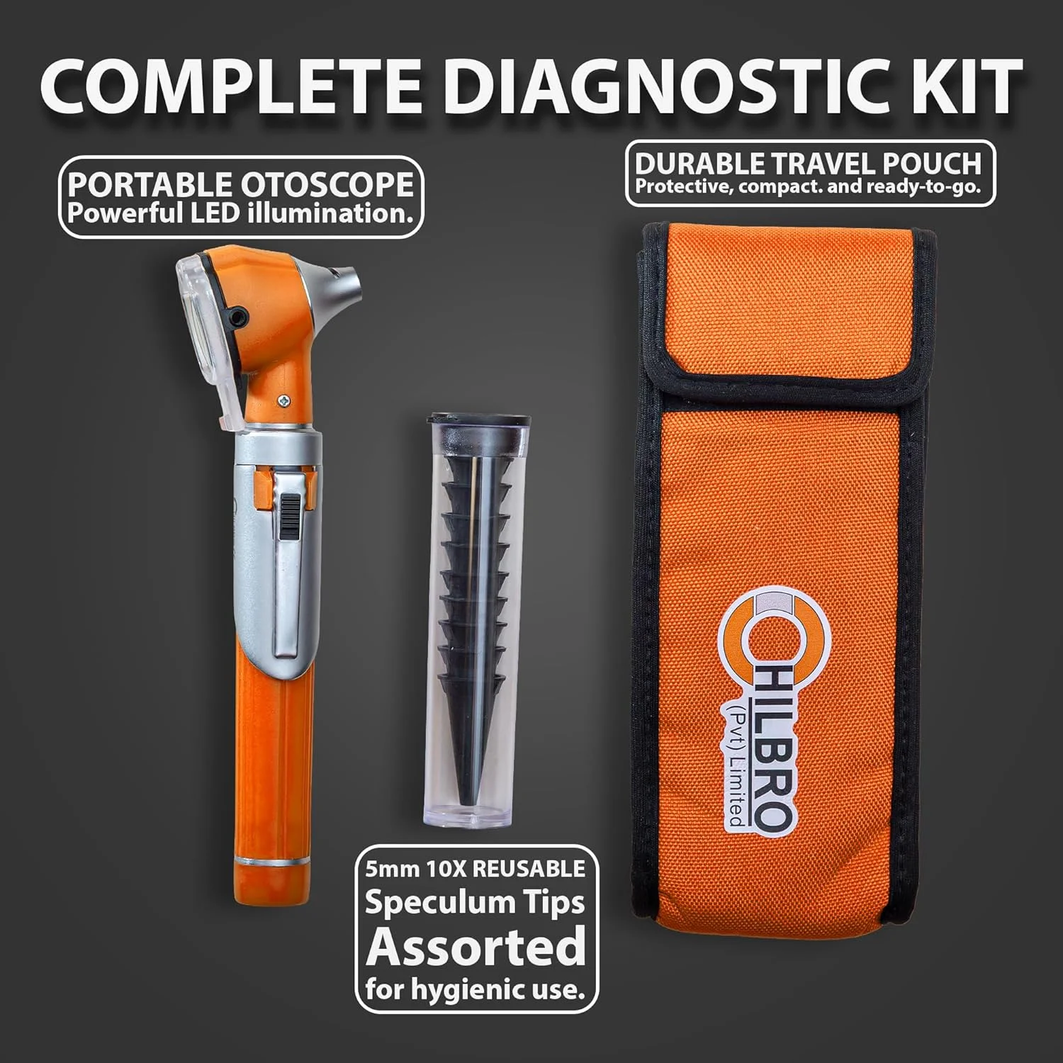 ست تشخیصی حرفه ای اتوسکوپ با LED روشن فیبر نوری برای دید رنگ واقعی | بزرگنمایی 3 برابر | 10 اسپکولوم قابل استفاده مجدد و کیف مسافرتی برای پزشکان گوش و حلق و بینی | 6 رنگ (نارنجی)