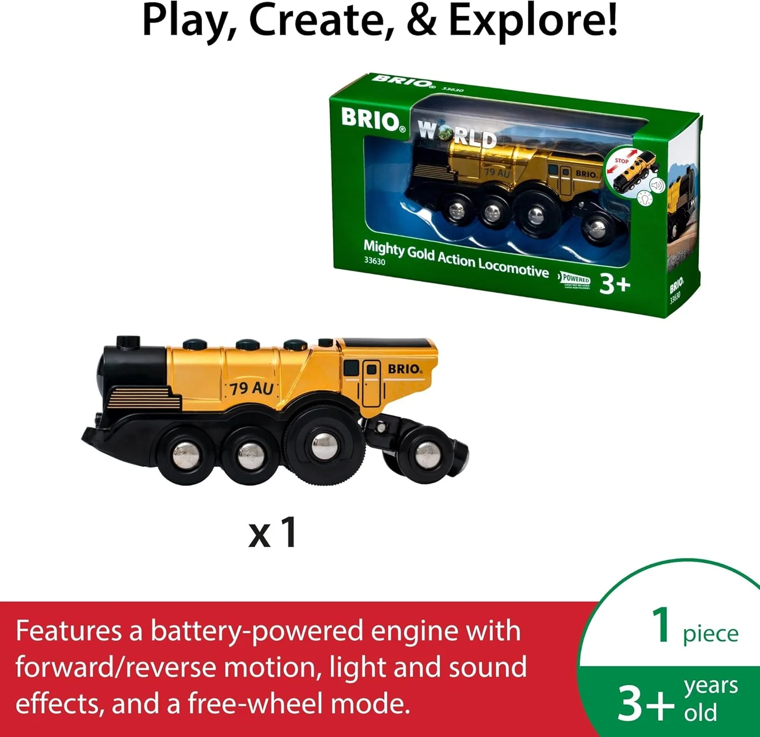 لوکوموتیو طلایی قدرتمند BRIO World، قطار اسباب بازی باتری خور برای کودکان بالای 3 سال - لوازم جانبی افزودنی مجموعه راه آهن چوبی لوکوموتیو طلایی قدرتمند BRIO World، قطار اسباب بازی باتری خور برای کودکان بالای 3 سال - لوازم جانبی افزودنی مجموعه راه آهن چوبی