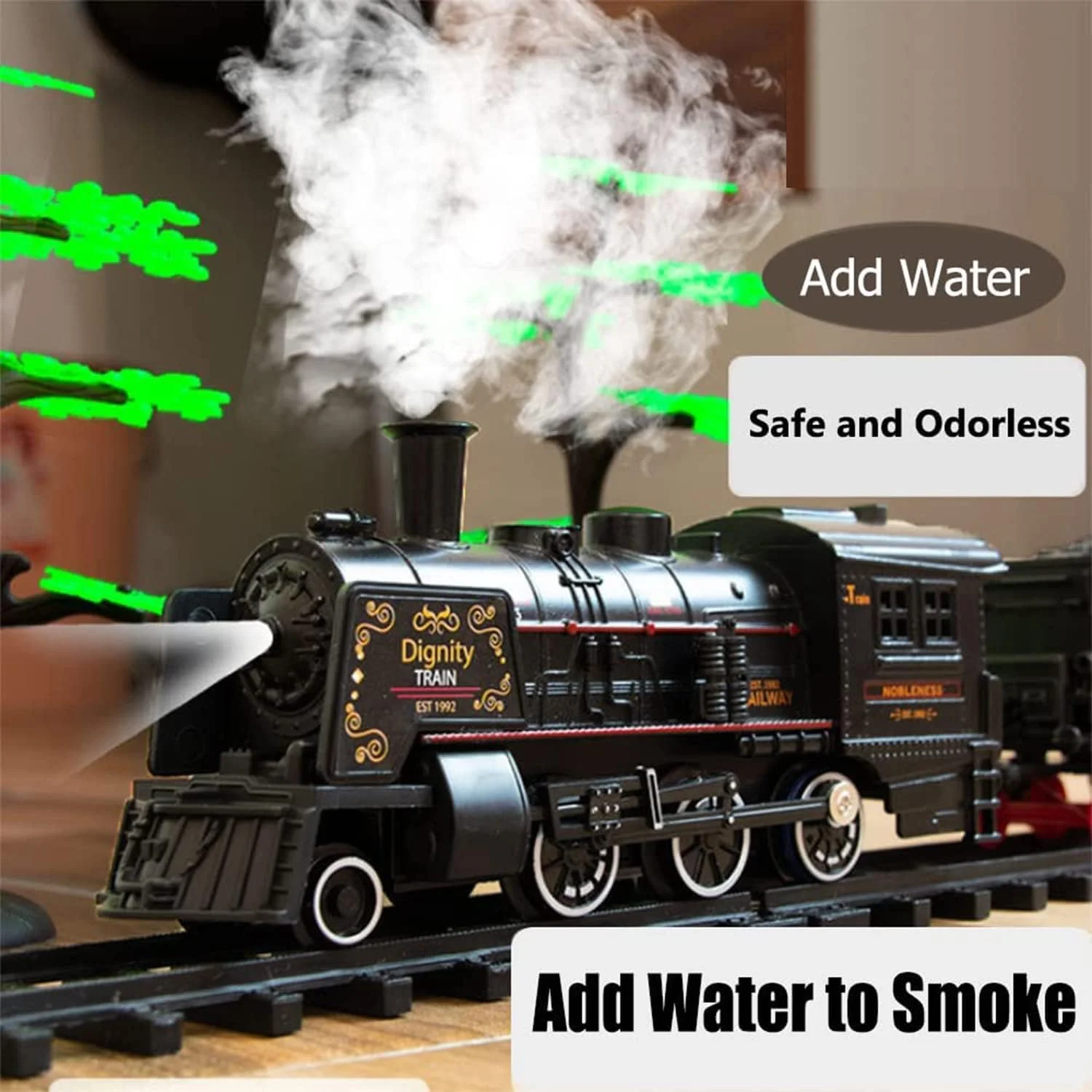 مجموعه قطار برقی Beauenty برای کودکان، مجموعه اسباب بازی قطار با باتری، دارای چراغ، دود و صدا، موتور لوکوموتیو، واگن ها و ریل ها، مجموعه قطار اسباب بازی کلاسیک هدیه برای کودکان 3 4 5+ ساله (دودی مشکی)