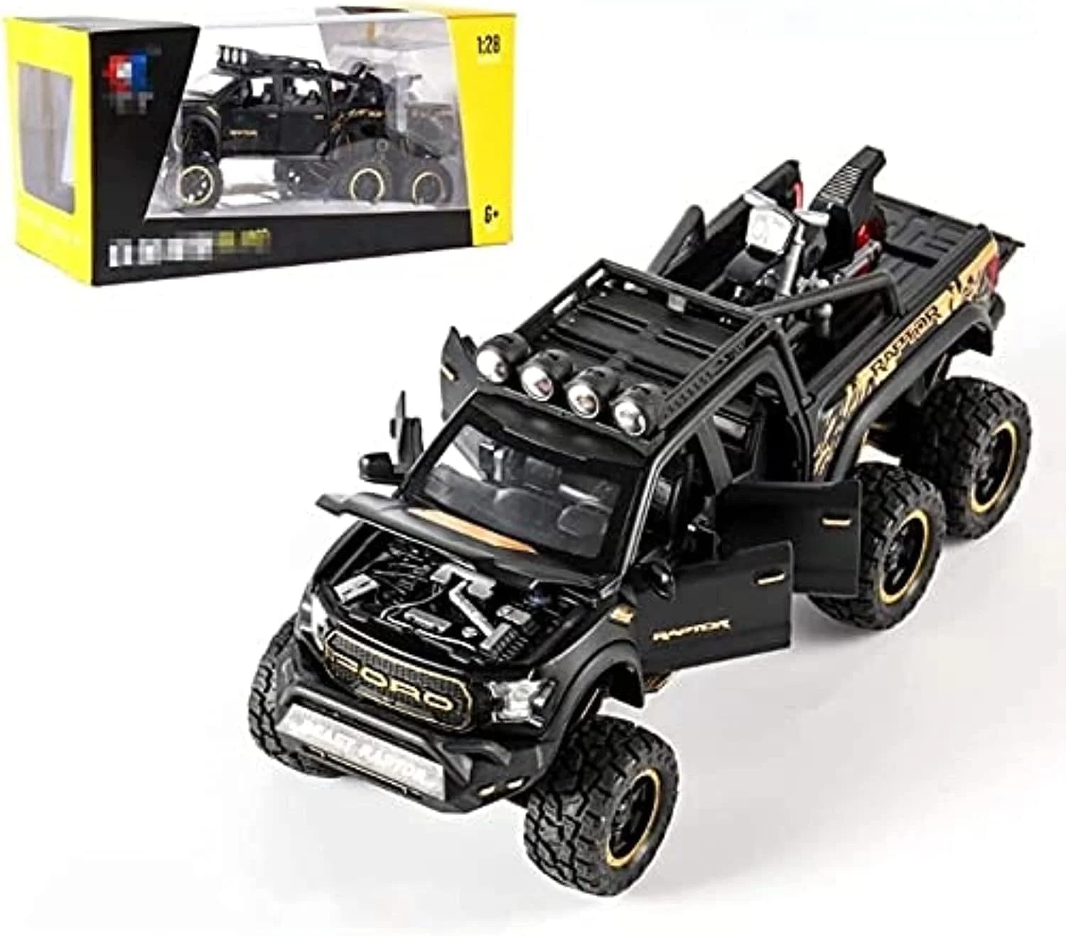 مدل فورد رپتور کودکان Zhangl مقیاس 1:24 با نور و صدای بوق، آلیاژ روی قابل جدا شدن، شبیه سازی عقب کشیدنی، ماشین دایکاست با کارت مانع (مشکی براق)