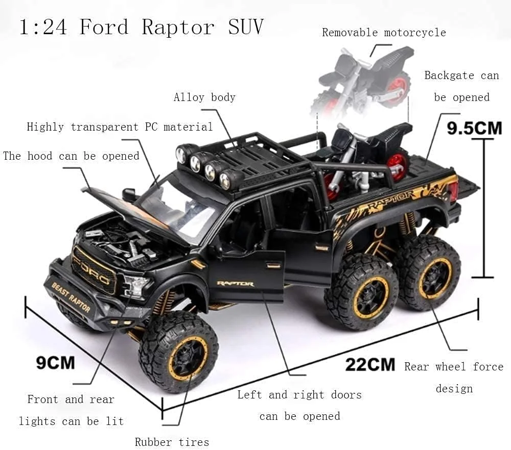 مدل فورد رپتور کودکان Zhangl مقیاس 1:24 با نور و صدای بوق، آلیاژ روی قابل جدا شدن، شبیه سازی عقب کشیدنی، ماشین دایکاست با کارت مانع (مشکی براق)