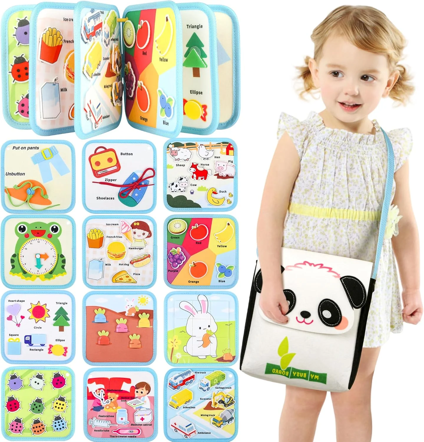 کتاب سرگرمی کودک نوپا با کیف پاندا - اسباب بازی های مونته سوری تخته مشغول برای کودکان 1، 2 و 3 ساله، فعالیت های یادگیری تخته حسی برای مهارت های حرکتی ظریف، فعالیت های آموزشی اسباب بازی مسافرتی، هدیه برای پسران و دختران