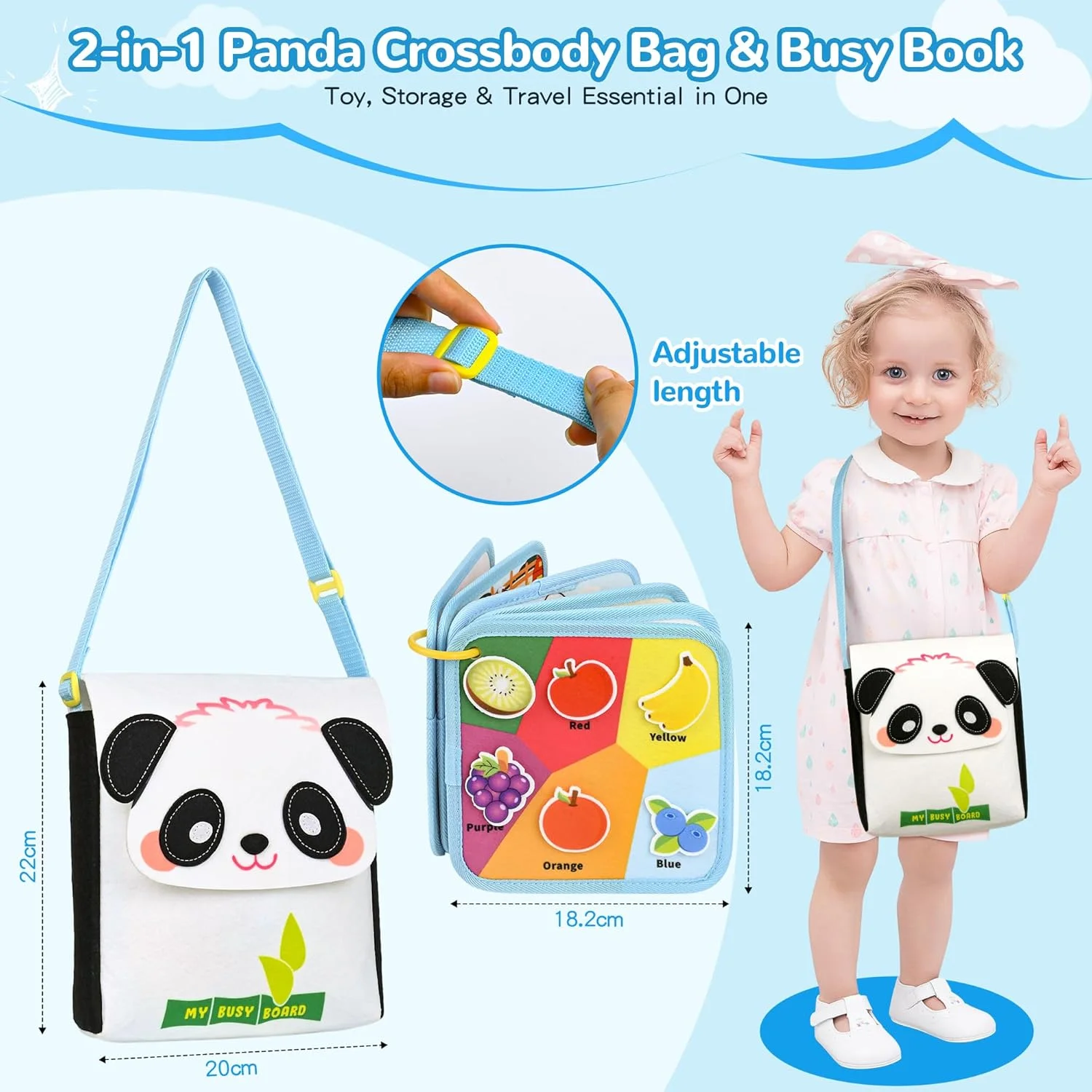 کتاب سرگرمی کودک نوپا با کیف پاندا - اسباب بازی های مونته سوری تخته مشغول برای کودکان 1، 2 و 3 ساله، فعالیت های یادگیری تخته حسی برای مهارت های حرکتی ظریف، فعالیت های آموزشی اسباب بازی مسافرتی، هدیه برای پسران و دختران