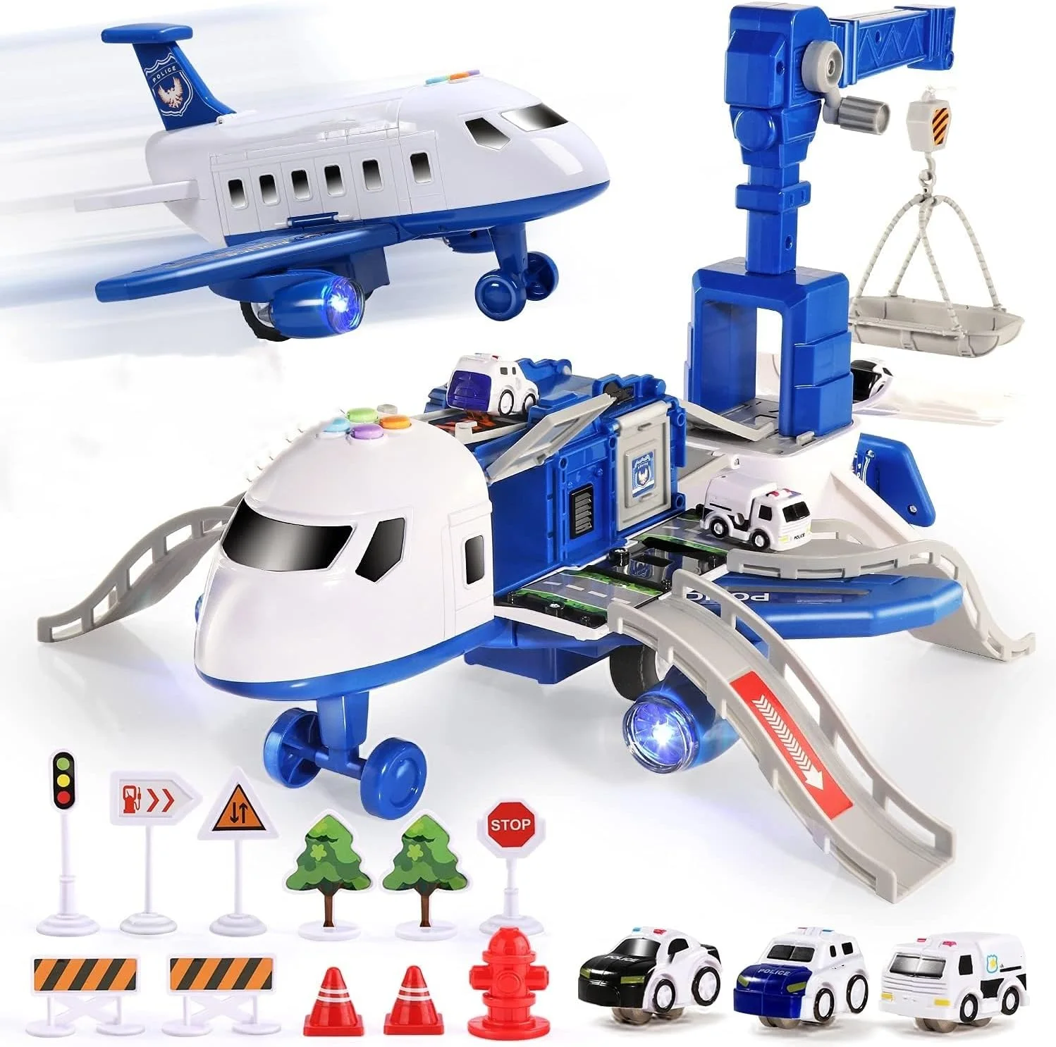 پیست مسابقه هواپیمای SLEEPHEAD® با نور و موسیقی، پیست ماشین تاشو برای کودکان نوپا، هواپیمای حمل و نقل ماشین اسباب بازی و 3 ماشین مسابقه، هدیه تولد و کریسمس برای کودکان