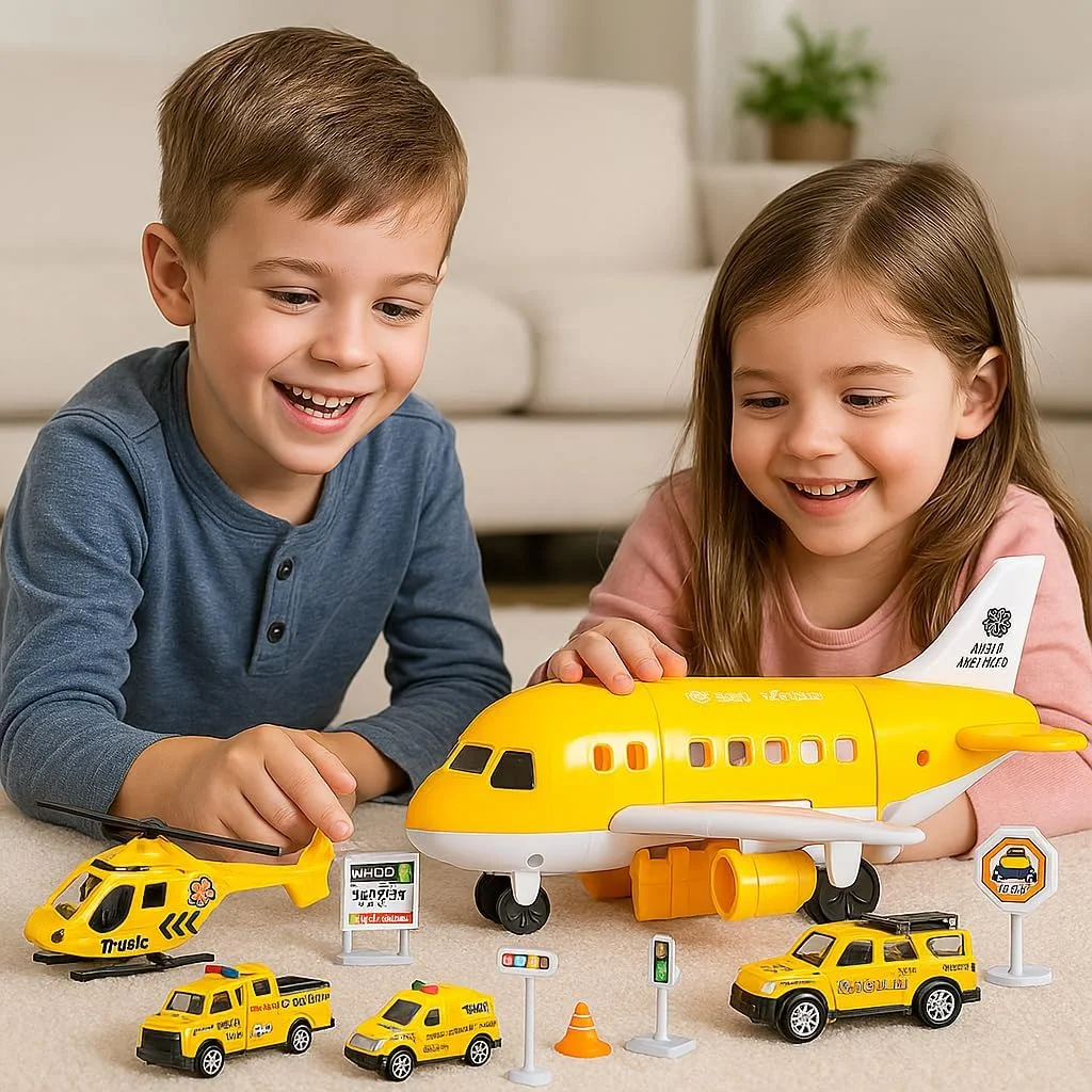 مجموعه اسباب بازی هواپیمای باری زرد رنگ SARAOONT به همراه ماشین های دایکست، هواپیمای حمل و نقل، مجموعه بازی کودکان، هواپیمای باری دایکست، اسباب بازی هواپیما برای پسران