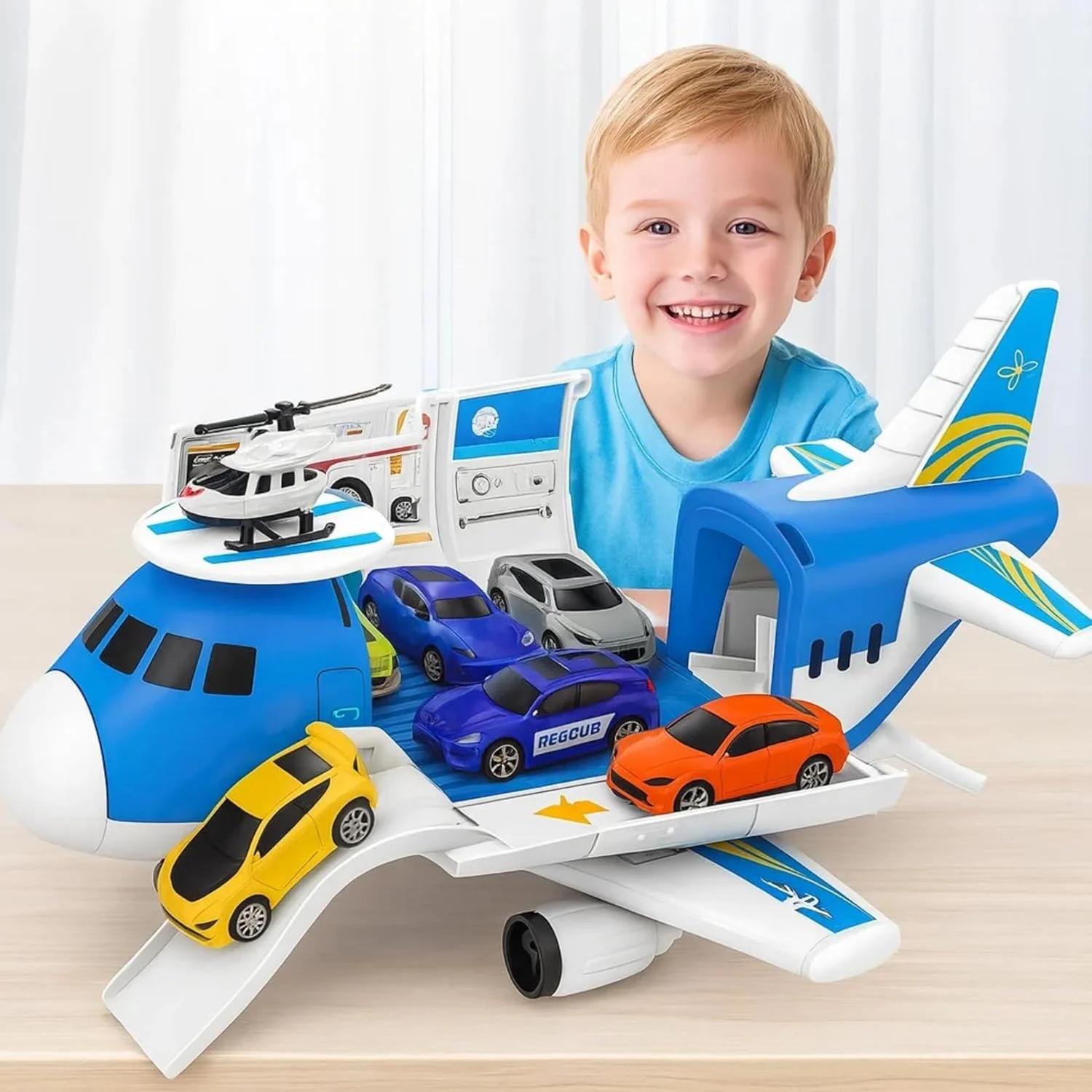 ست اسباب بازی هواپیمای باربری سارونت با 4 ماشین - هواپیمای حمل و نقل اسباب بازی برای کودکان (آبی)
