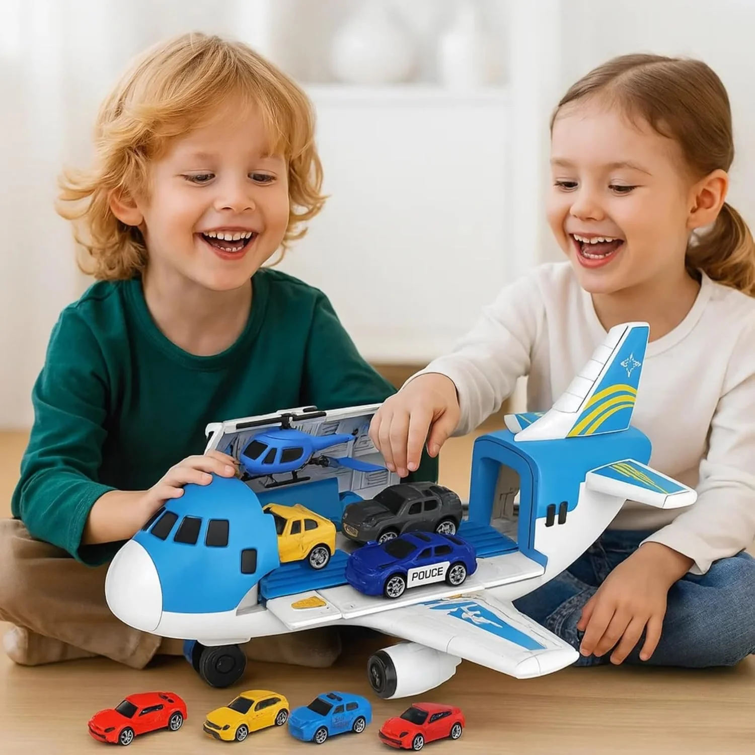 ست اسباب بازی هواپیمای باربری سارونت با 4 ماشین - هواپیمای حمل و نقل اسباب بازی برای کودکان (آبی)