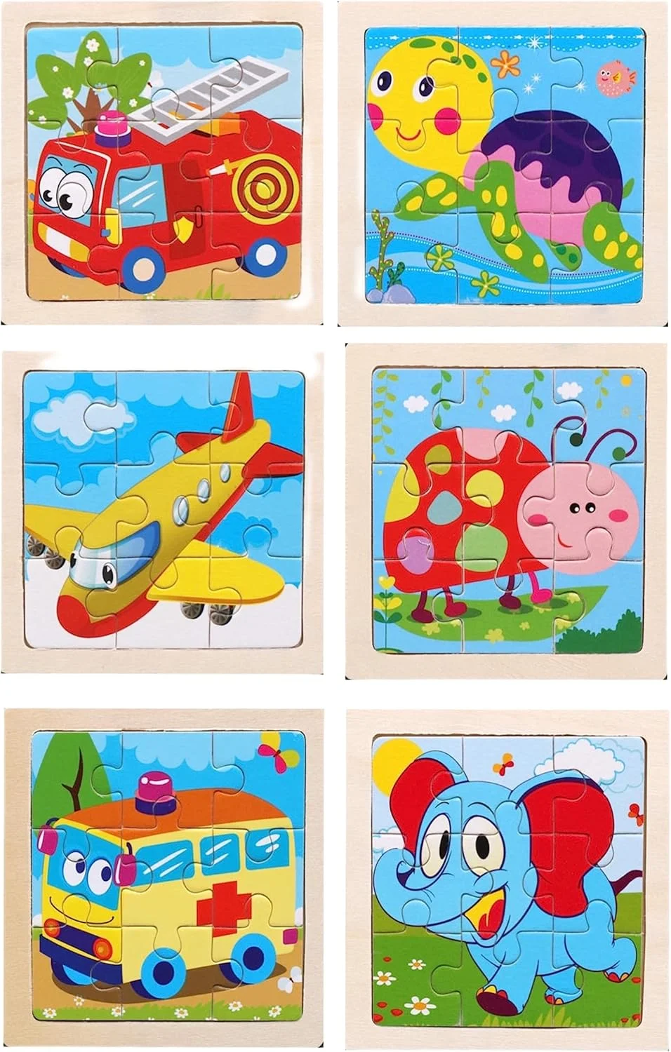 پازل چوبی برای کودکان؛ بسته 6 عددی پازل- فیل، آمبولانس، کفشدوزک، هواپیما، ماشین آتش نشانی و لاک پشت؛ بهترین هدیه برای کودکان نوپا و نوزادان؛ اسباب بازی های آموزشی برای یادگیری زودهنگام کودکان