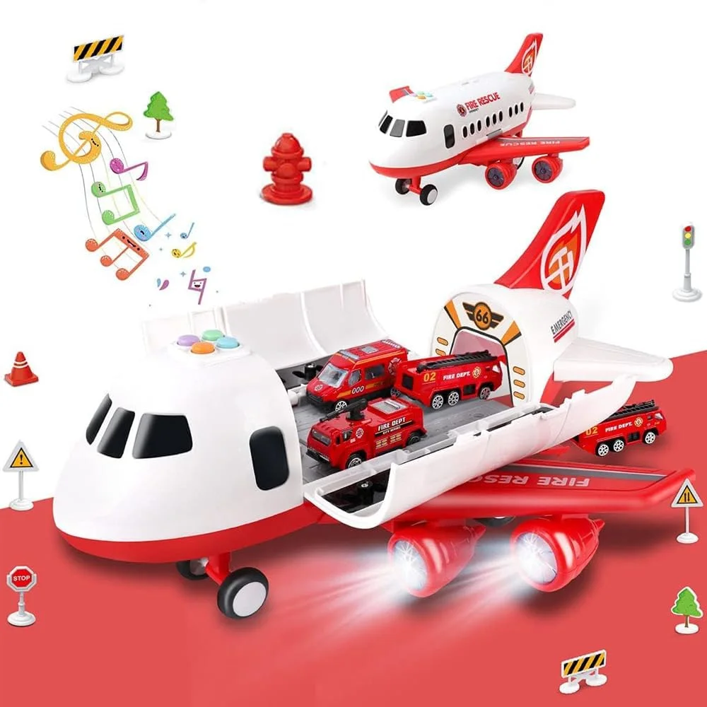 اسباب بازی هواپیما با ماشین های آتش نشانی و زیرانداز بازی، هواپیما با چراغ ها و صداها برای پسران و دختران 3 سال به بالا