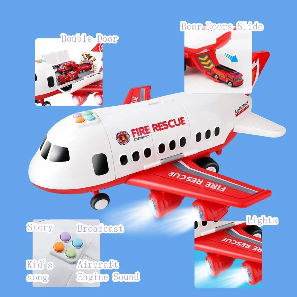 اسباب بازی هواپیما با ماشین های آتش نشانی و زیرانداز بازی، هواپیما با چراغ ها و صداها برای پسران و دختران 3 سال به بالا