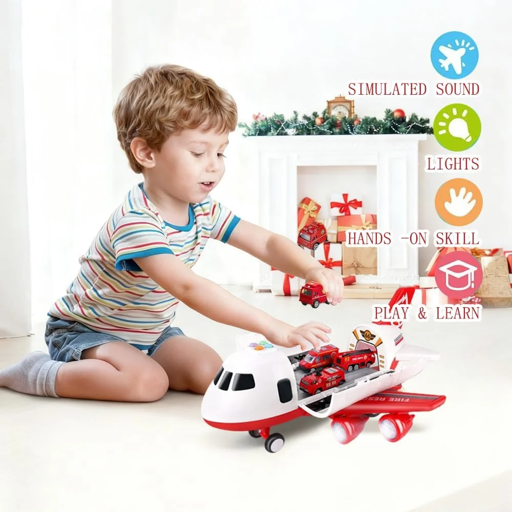 اسباب بازی هواپیما با ماشین های آتش نشانی و زیرانداز بازی، هواپیما با چراغ ها و صداها برای پسران و دختران 3 سال به بالا