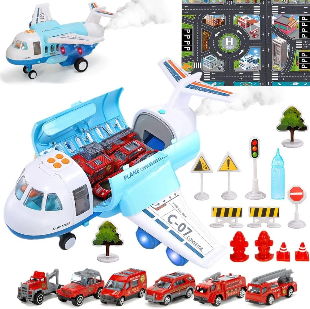 اسباب بازی هواپیمای اسپری برای پسران، هواپیمای باری حمل و نقل بزرگ با 6 وسیله نقلیه ساختمانی، 10 علامت راهنمایی و رانندگی، 1 صفحه بازی، مجموعه اسباب بازی کامیون هواپیما با چراغ و صدا برای پسران 3 4 5 6 ساله