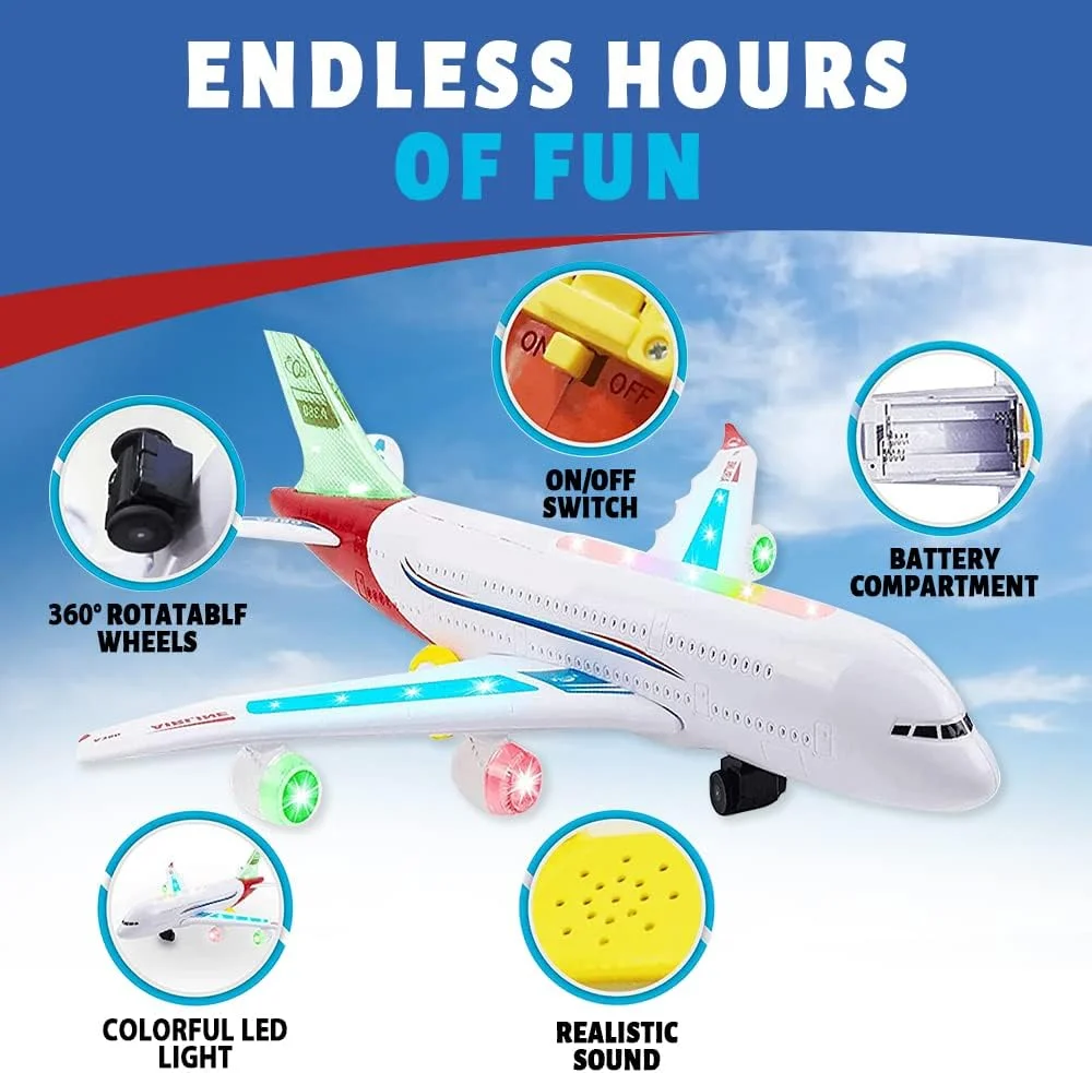 اسباب بازی هواپیما برای کودکان، حرکت تصادفی، هواپیمای اسباب بازی کودک نوپا با چراغ های LED چشمک زن و صدا برای پسران و دختران 3 تا 12 ساله
