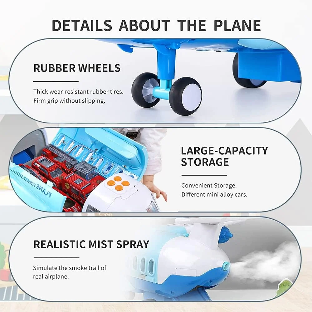 اسباب بازی هواپیمای اسپری برای پسران، هواپیمای باری حمل و نقل بزرگ با 6 وسیله نقلیه ساختمانی، 10 علامت راهنمایی و رانندگی، 1 صفحه بازی، مجموعه اسباب بازی کامیون هواپیما با چراغ و صدا برای پسران 3 4 5 6 ساله