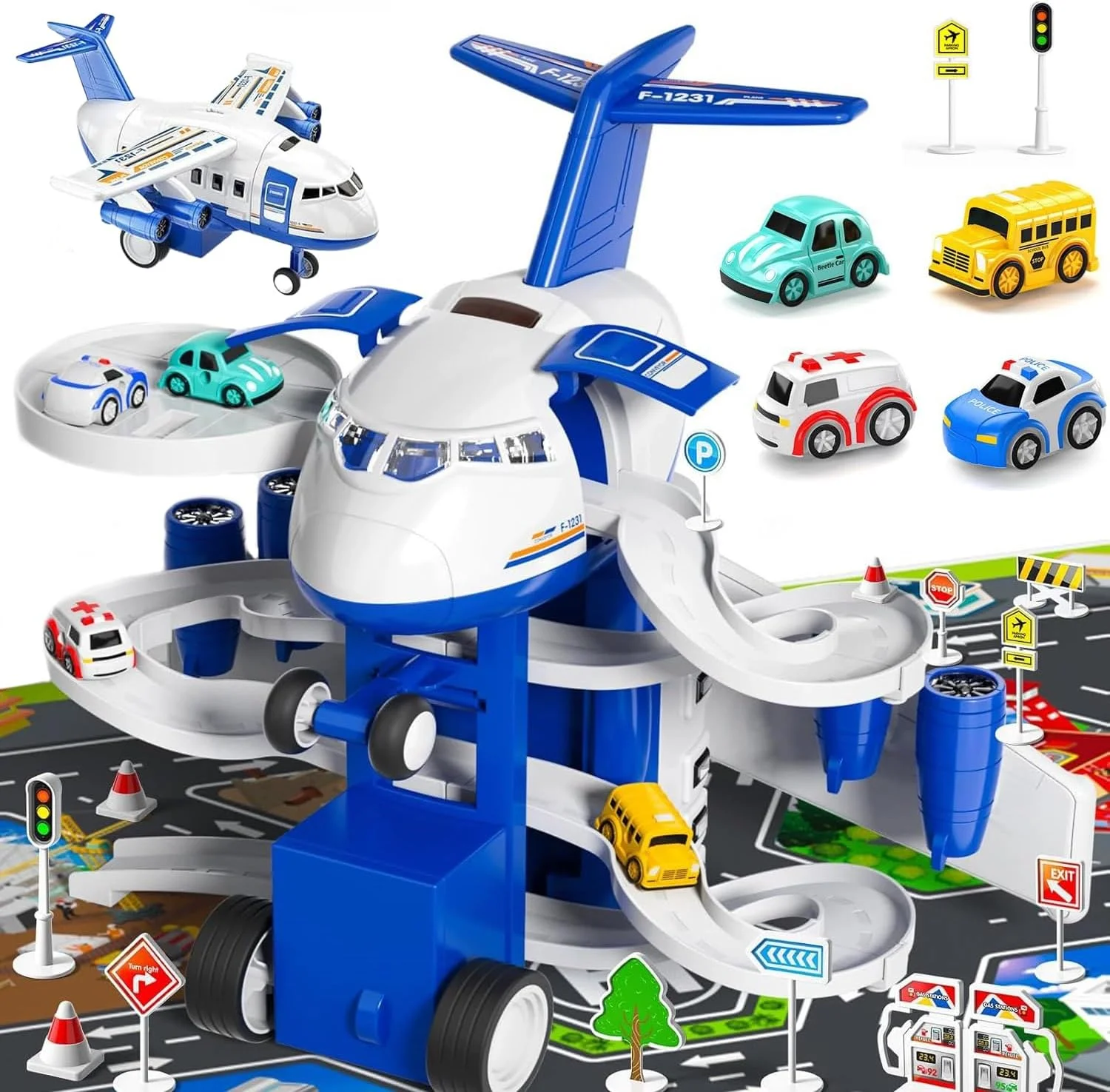 پیست مسابقه ماشین و هواپیما اسباب بازی کودکانه - ماجراجویی با هواپیمای حمل و نقل - مناسب برای پسران و دختران 2 تا 6 سال - شامل 8 ماشین شهری، پارکینگ گاراژی و زیرانداز بازی، هدیه تولد