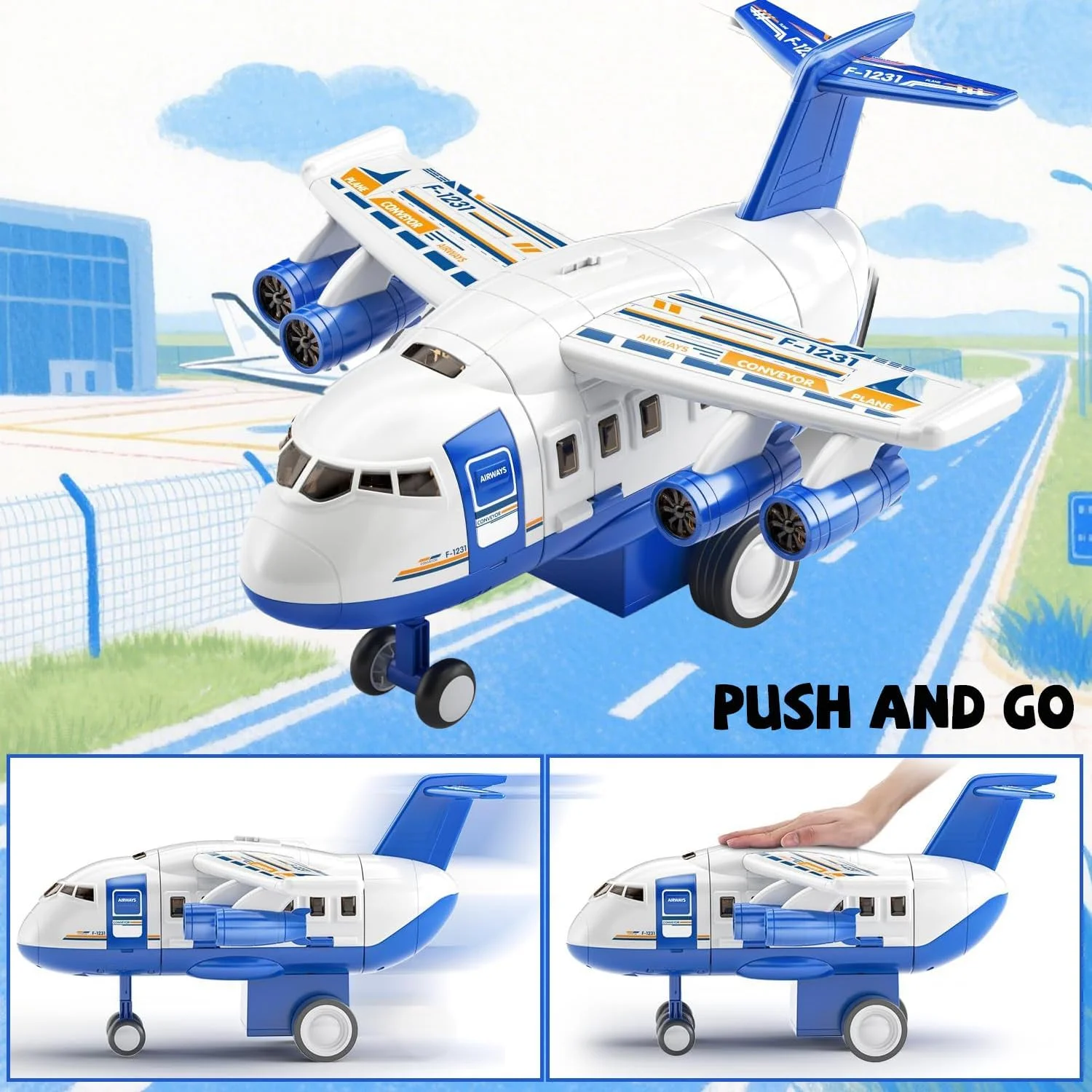 پیست مسابقه ماشین و هواپیما اسباب بازی کودکانه - ماجراجویی با هواپیمای حمل و نقل - مناسب برای پسران و دختران 2 تا 6 سال - شامل 8 ماشین شهری، پارکینگ گاراژی و زیرانداز بازی، هدیه تولد