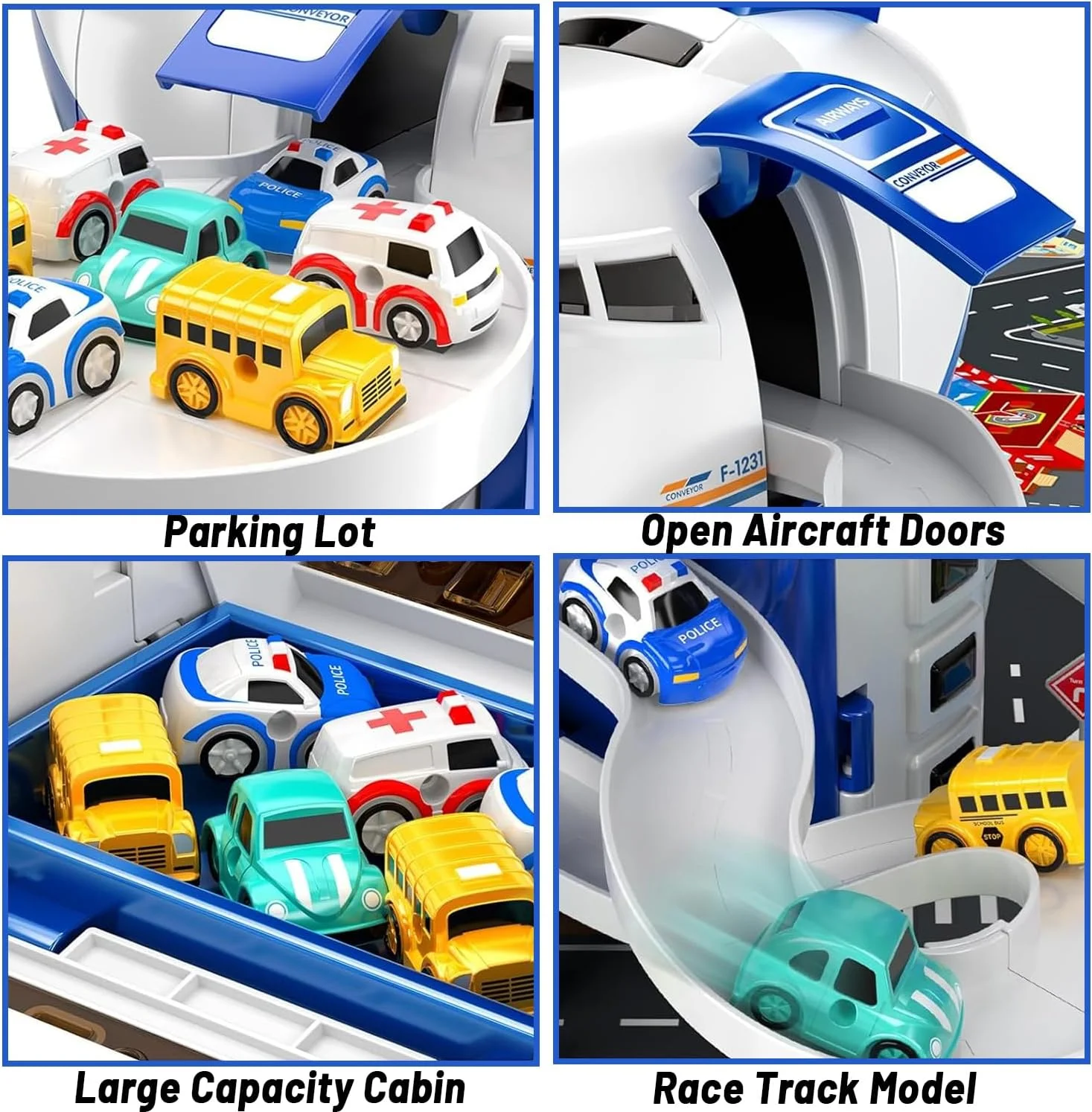 پیست مسابقه ماشین و هواپیما اسباب بازی کودکانه - ماجراجویی با هواپیمای حمل و نقل - مناسب برای پسران و دختران 2 تا 6 سال - شامل 8 ماشین شهری، پارکینگ گاراژی و زیرانداز بازی، هدیه تولد