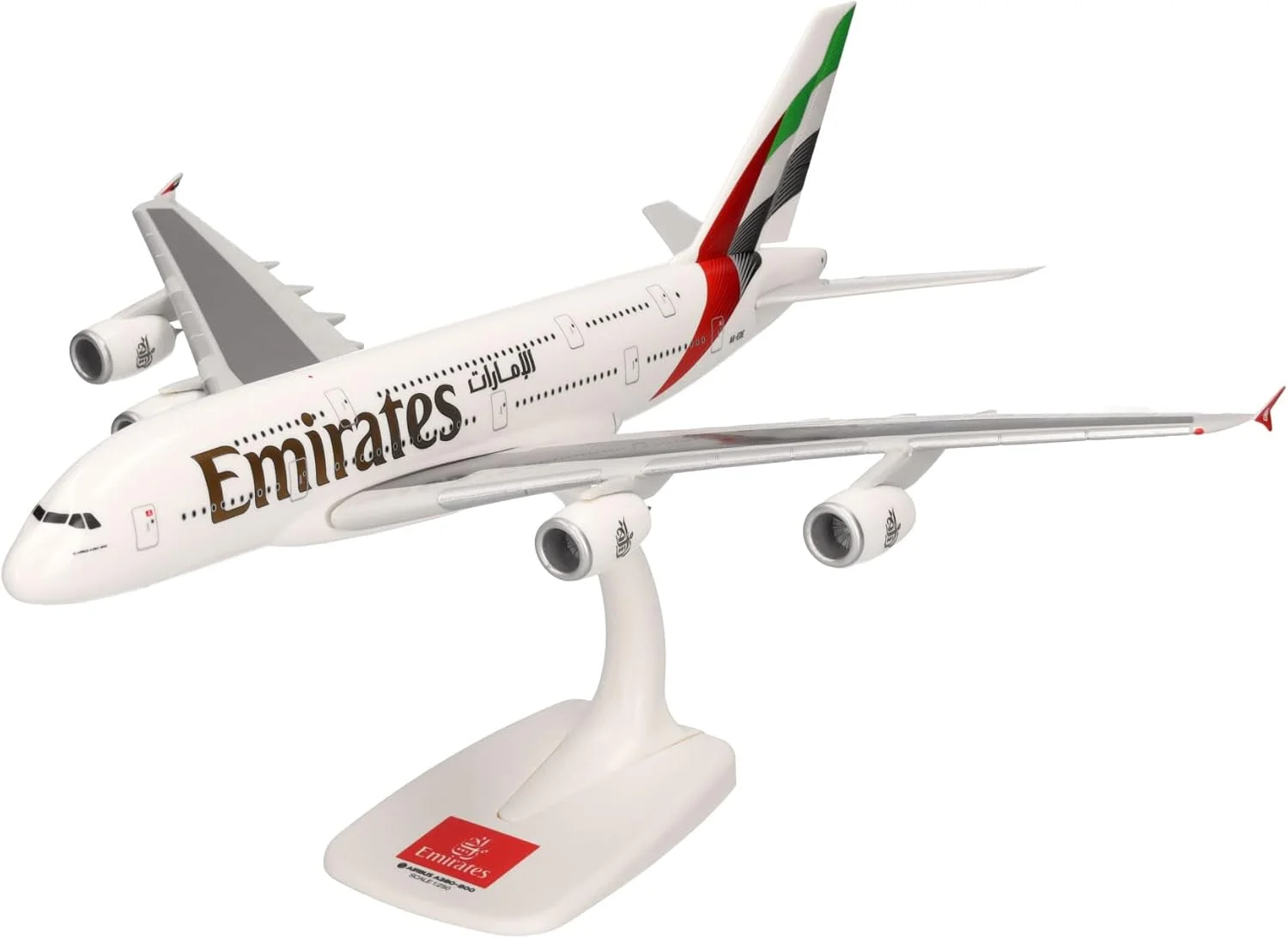 مدل هواپیمای ایرباس A380 امارات با رنگ های جدید 2023 - A6-EOE مقیاس 1:250، مدل کلکسیونی مینیاتوری با پایه پلاستیکی سفید