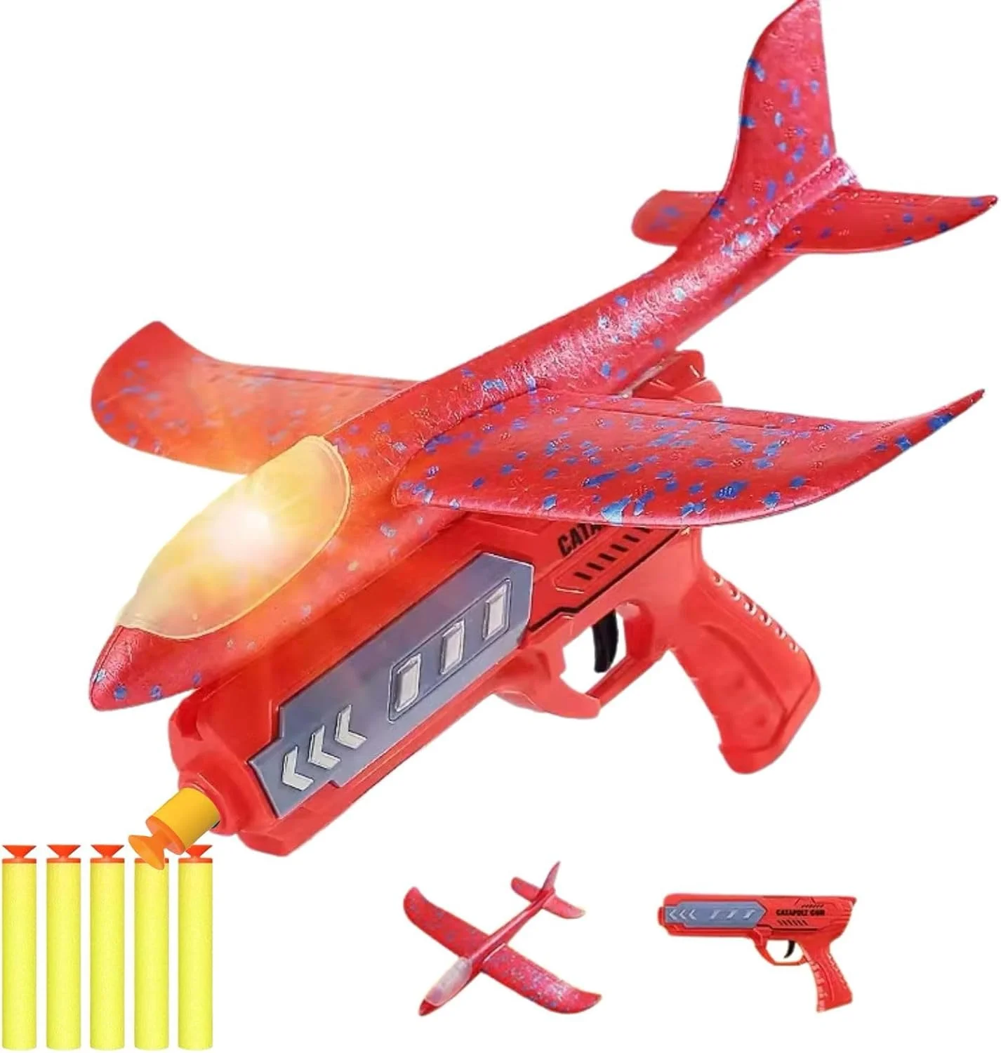 هواپیمای هوشمند خانگی با پرتابگر برای کودکان نوپا، هواپیما با چراغ، مجموعه 7 عددی شامل پرتابگر، هواپیمای فومی و گلوله های فومی EVA، ایده آل برای هدیه. (قرمز)