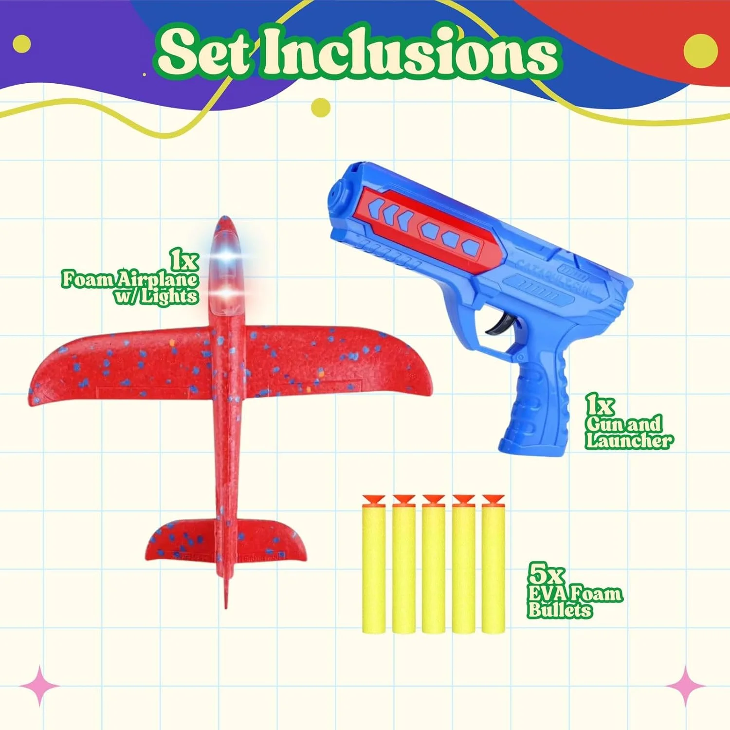 هواپیمای هوشمند خانگی با پرتابگر برای کودکان نوپا، هواپیما با چراغ، مجموعه 7 عددی شامل پرتابگر، هواپیمای فومی و گلوله های فومی EVA، ایده آل برای هدیه. (قرمز)