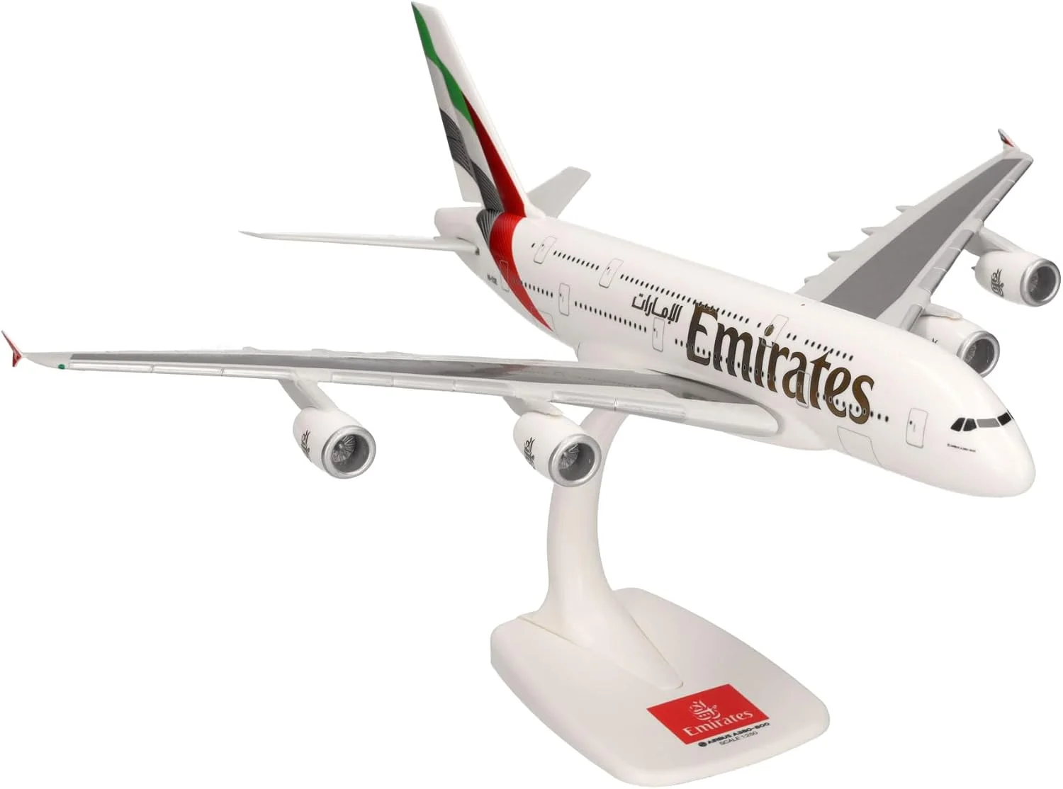 مدل هواپیمای ایرباس A380 امارات با رنگ های جدید 2023 - A6-EOE مقیاس 1:250، مدل کلکسیونی مینیاتوری با پایه پلاستیکی سفید