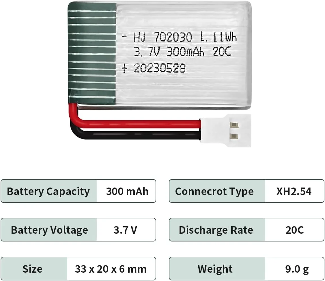 باتری لیتیوم پلیمری 3.7 ولت 300 میلی آمپر ساعت HAWK'S WORK، بسته 2 عددی، باتری قابل شارژ برای هواپیماهای کنترل از راه دور، هلیکوپترها، پهپادها و همه مدل ها و اسباب بازی ها (کانکتور XH2.54)