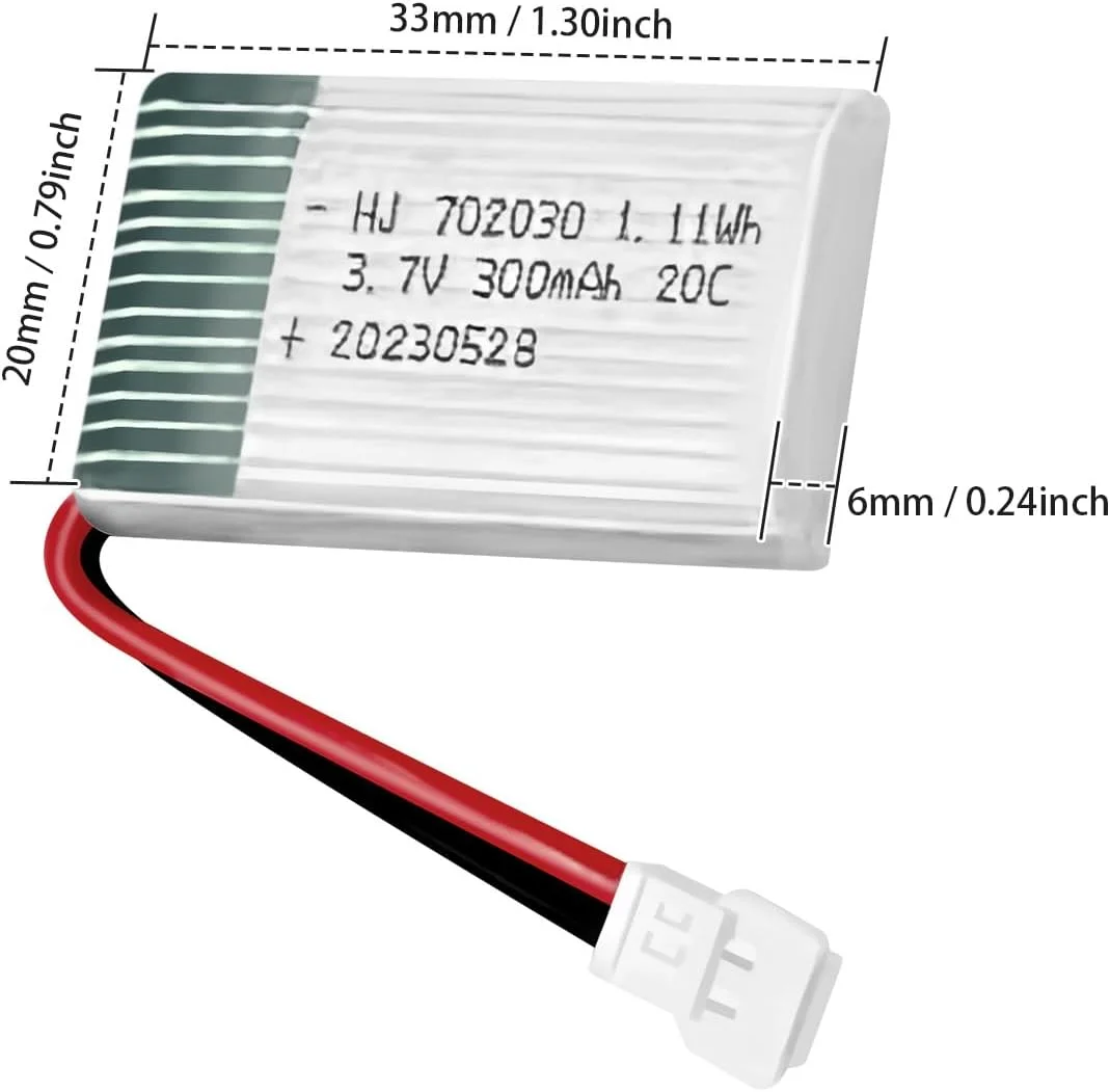 باتری لیتیوم پلیمری 3.7 ولت 300 میلی آمپر ساعت HAWK'S WORK، بسته 2 عددی، باتری قابل شارژ برای هواپیماهای کنترل از راه دور، هلیکوپترها، پهپادها و همه مدل ها و اسباب بازی ها (کانکتور XH2.54)