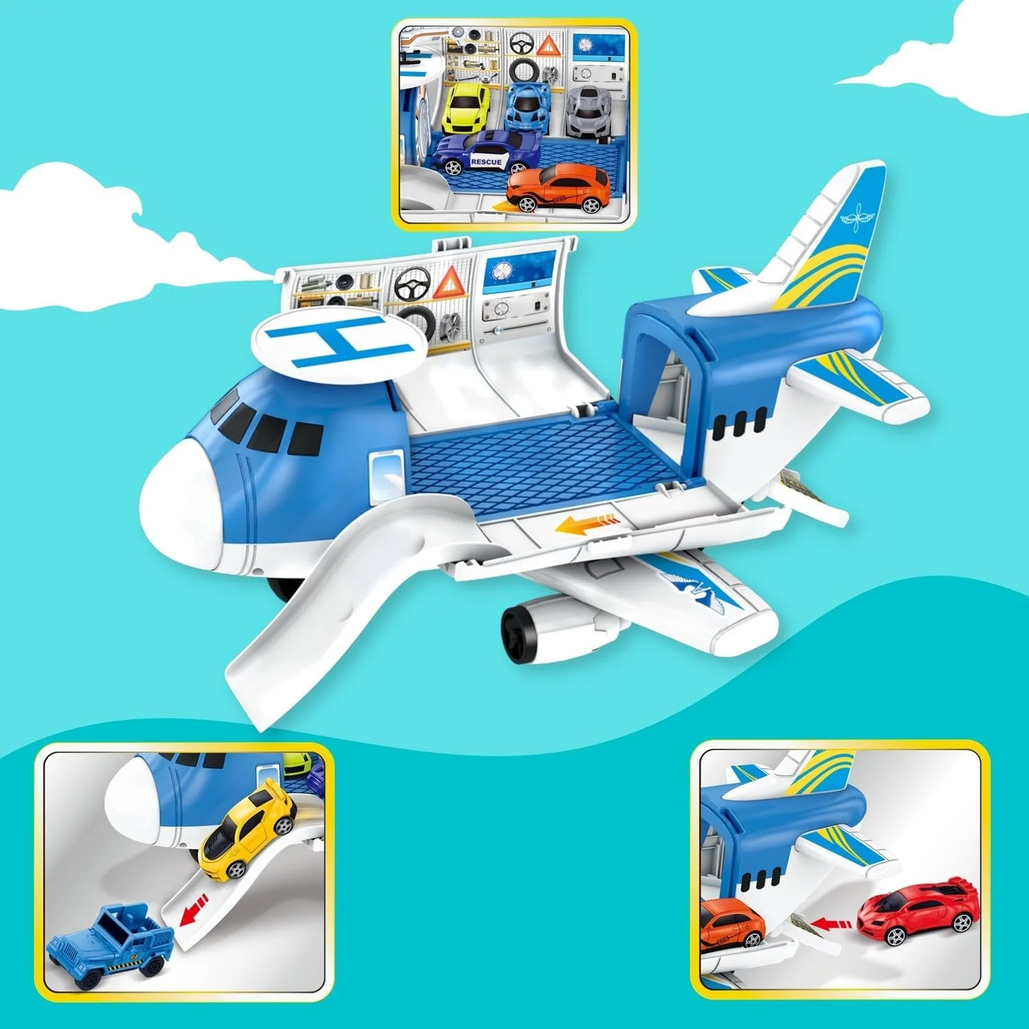مجموعه اسباب بازی هواپیما و گاراژ ماشین فیتو 2 در 1 با سرسره ماشین، صدا، نور و ماشین های دایکست