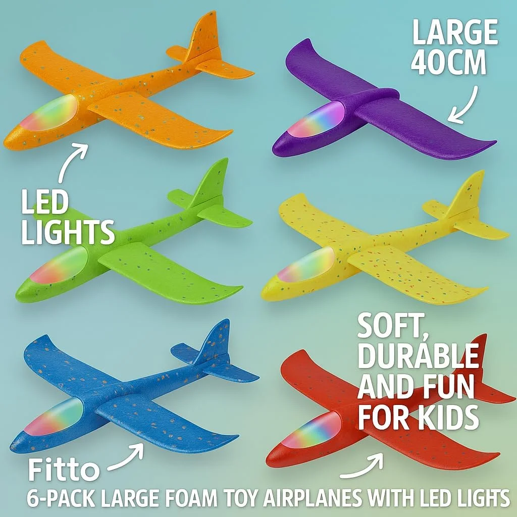 هواپیمای فومی پرتابی بزرگ فیتو با چراغ LED - 44.5 سانتی متر، مناسب ورزش های فضای باز و سرگرمی اتاق بازی کودکان