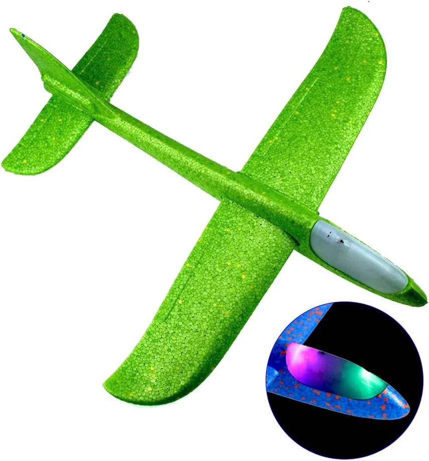هواپیمای گلایدر پروازی SHOWAY با چراغ LED چشمک زن، 48 سانتی متر، حالت پرواز فومی، پرتاب هواپیما، هواپیمای آکروباتیک، اسباب بازی های بازی ورزشی در فضای باز هدیه برای کودکان 3 4 5 6 7 ساله پسر سبز