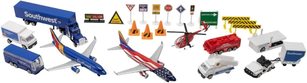 مجموعه 25 تکه فرودگاه جنوب غربی دارون شامل هواپیماهای فلزی و پلاستیکی دایکاست، وسایل نقلیه و لوازم جانبی، اسباب بازی و کلکسیونی، مناسب برای سنین 3 سال به بالا