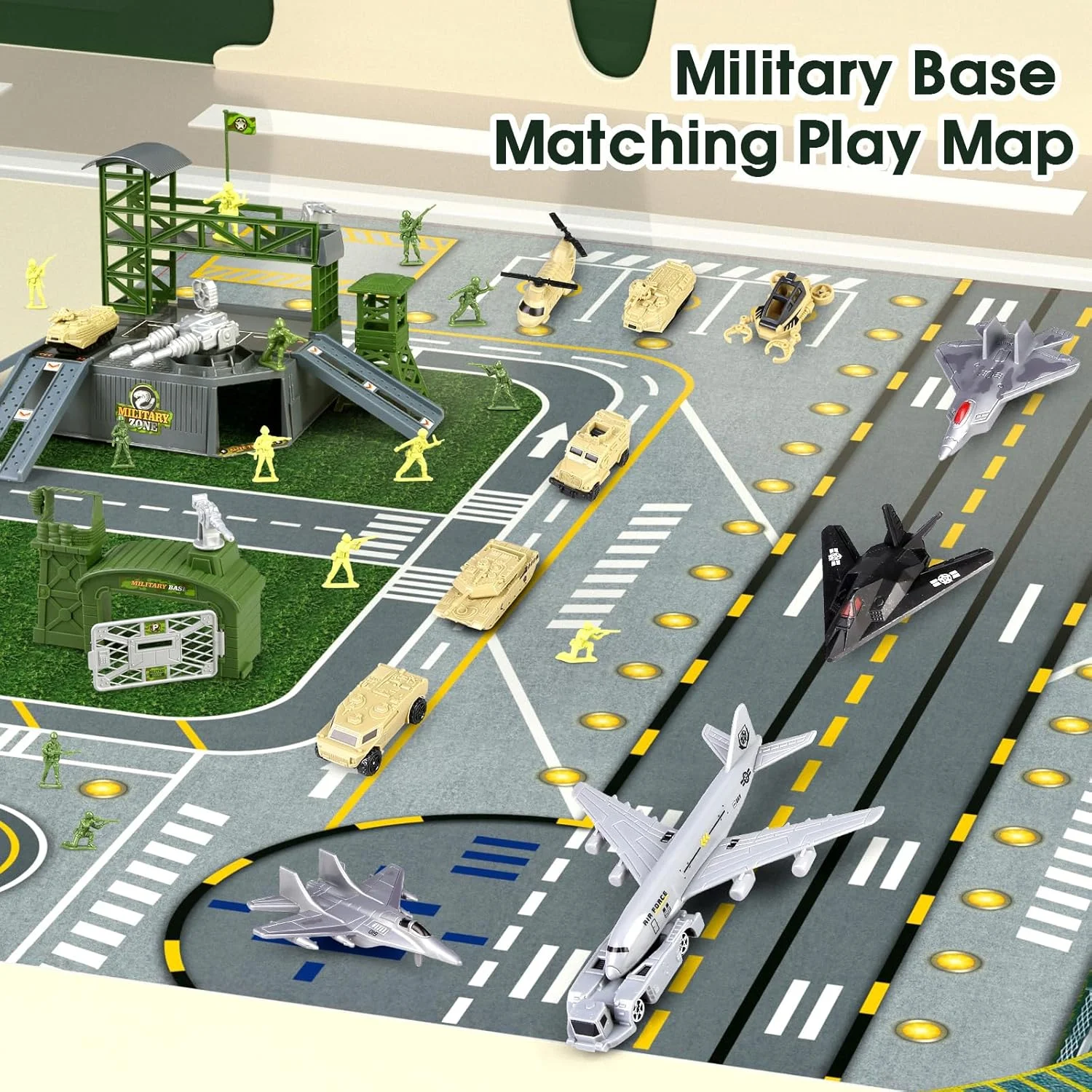 مجموعه اسباب بازی پایگاه نظامی، مجموعه بازی سربازان ارتشی با وسایل نقلیه نظامی، اکشن فیگورهای ارتشی، لوازم جانبی سلاح، تانک ارتشی، هواپیما و نقشه بازی پایگاه ارتش برای پسران و دختران 3 4 5 6 7 8 ساله