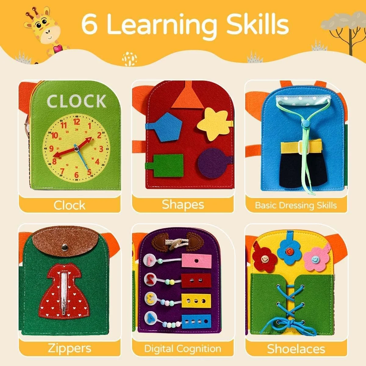 بورد مشغولیت آموزشی کودک مدل زرافه، اسباب بازی های حسی مونته سوری، فعالیت های مسافرتی با هواپیما، اسباب بازی های آموزشی، بورد مشغولیت برای تقویت مهارت های اولیه لباس پوشیدن، هدیه برای پسران و دختران