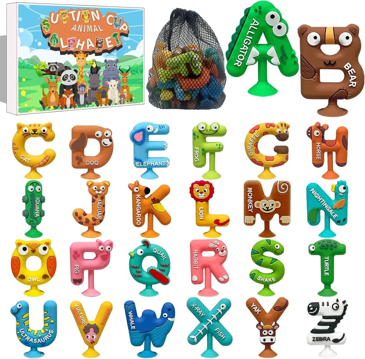 اسباب بازی های مکشی AM ANNA، 26 عدد اسباب بازی مکنده الفبای حیوانات، اسباب بازی فنجان مکش هواپیما مسافرتی پنجره با کیسه توری، اسباب بازی حسی مونته سوری برای پسران و دختران بالای 3 سال