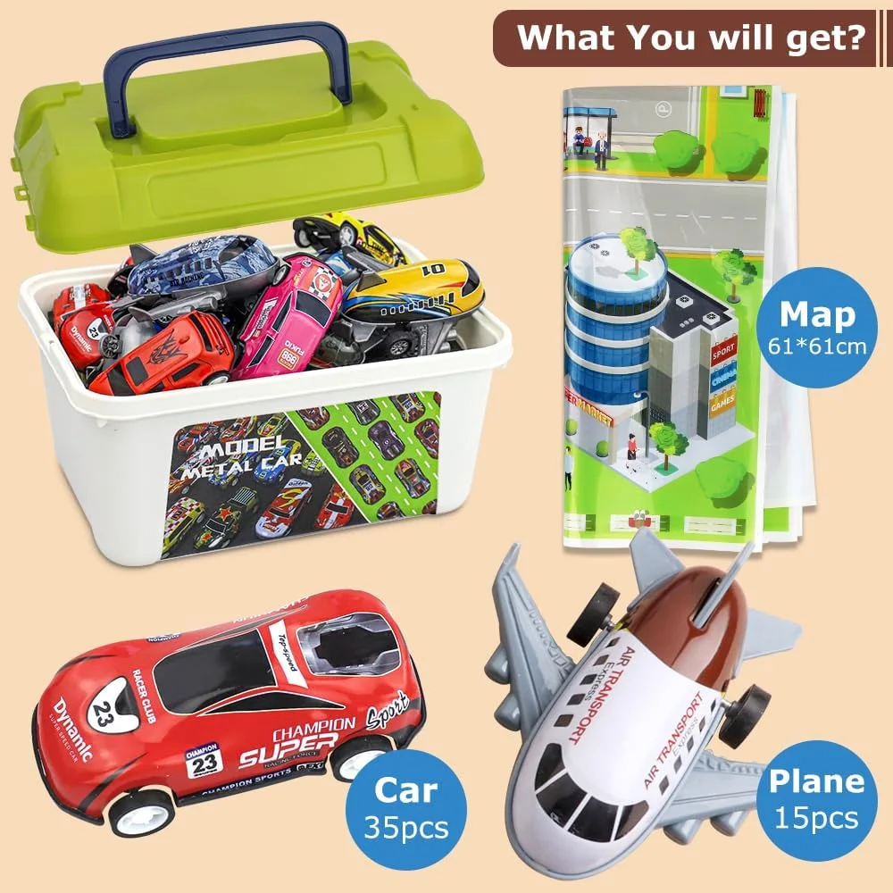 مجموعه 50 عددی ماشین و هواپیمای اسباب بازی عقب کش با جعبه نگهداری و نقشه، مینی ماشین های مسابقه ای آلیاژی هل دادنی و عقب کش، اسباب بازی وسایل نقلیه برای کودکان، هدیه مهمانی مناسب برای کودکان 3+ سال، پسران و دختران