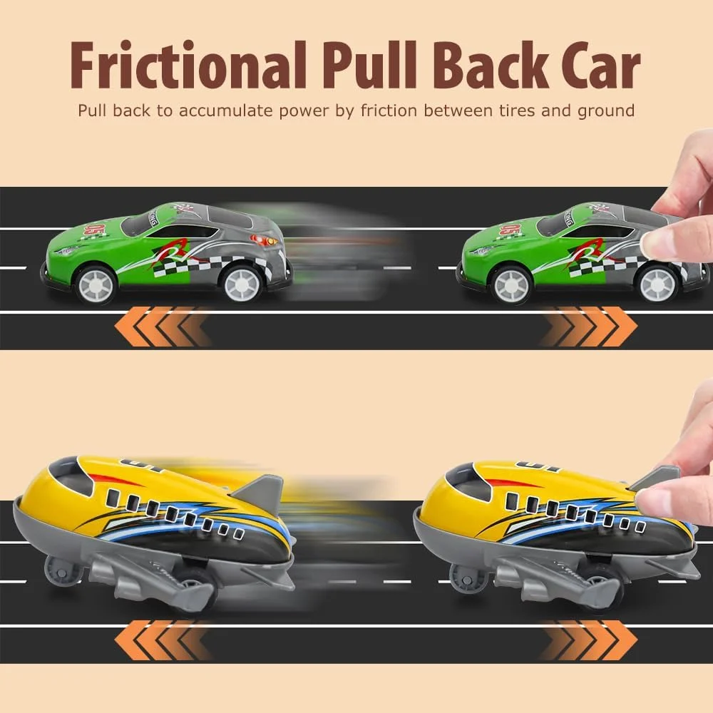 مجموعه 50 عددی ماشین و هواپیمای اسباب بازی عقب کش با جعبه نگهداری و نقشه، مینی ماشین های مسابقه ای آلیاژی هل دادنی و عقب کش، اسباب بازی وسایل نقلیه برای کودکان، هدیه مهمانی مناسب برای کودکان 3+ سال، پسران و دختران