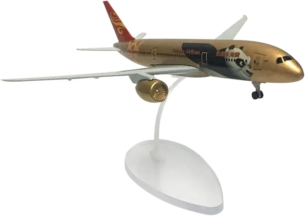 مدل هواپیمای فلزی بوئینگ B787 هواپیمایی هاینان چین، طول 16 سانتی متر، به همراه چرخ فرود (طلایی)