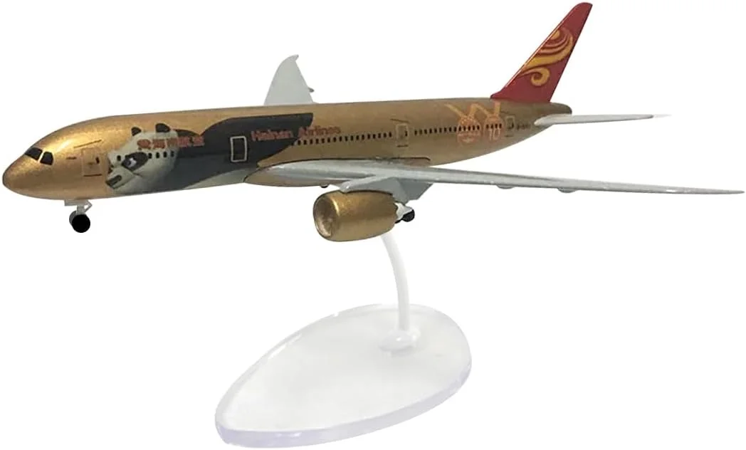 مدل هواپیمای فلزی بوئینگ B787 هواپیمایی هاینان چین، طول 16 سانتی متر، به همراه چرخ فرود (طلایی)