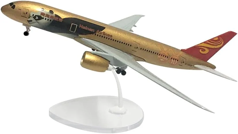 مدل هواپیمای فلزی بوئینگ B787 هواپیمایی هاینان چین، طول 16 سانتی متر، به همراه چرخ فرود (طلایی)