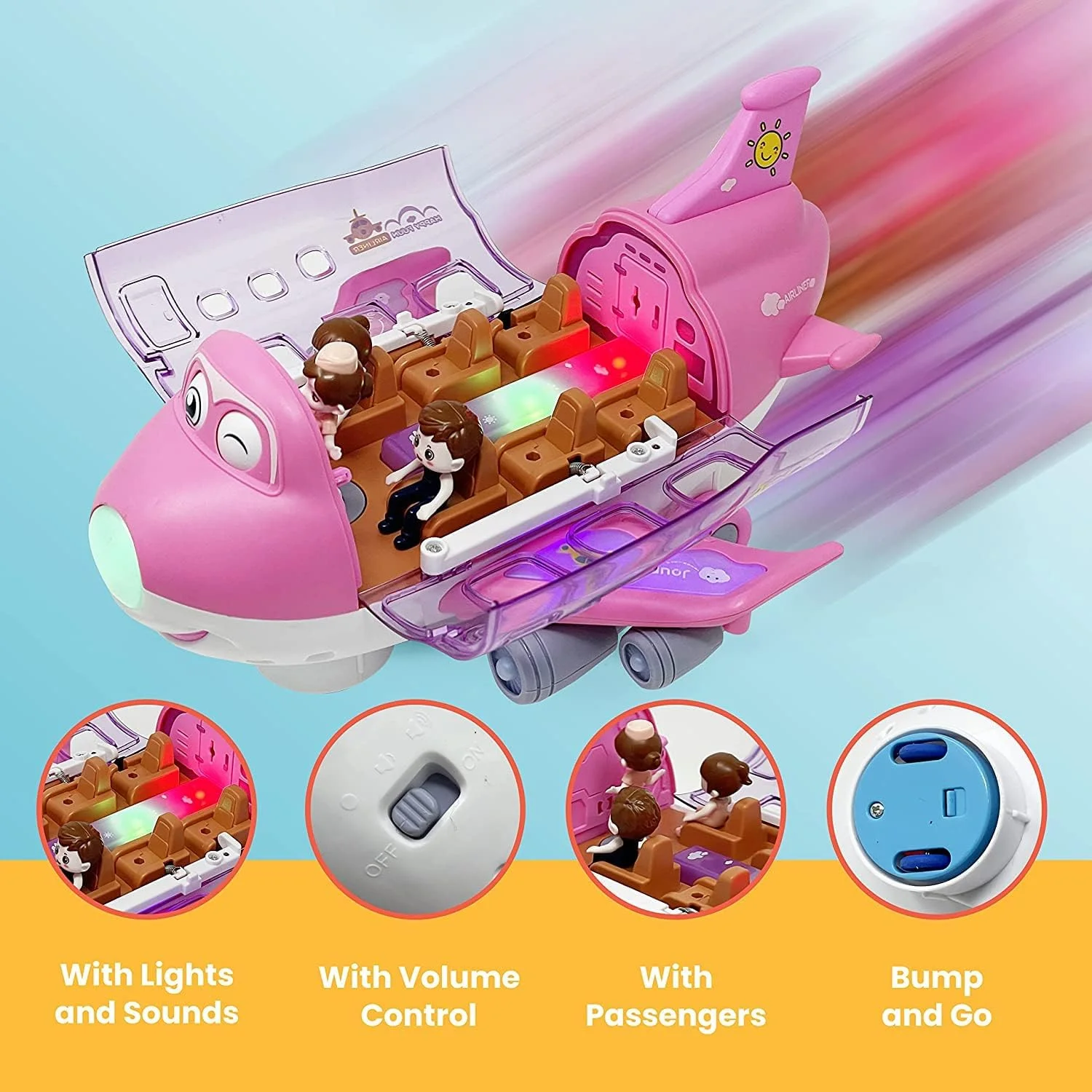 اسباب بازی هواپیمای صورتی کودکانه برای دختران با چراغ های رنگارنگ، موسیقی و صداها، چرخ های اتوماتیک 360 درجه - هدیه تولد برای کودکان نوپا 2-7 ساله