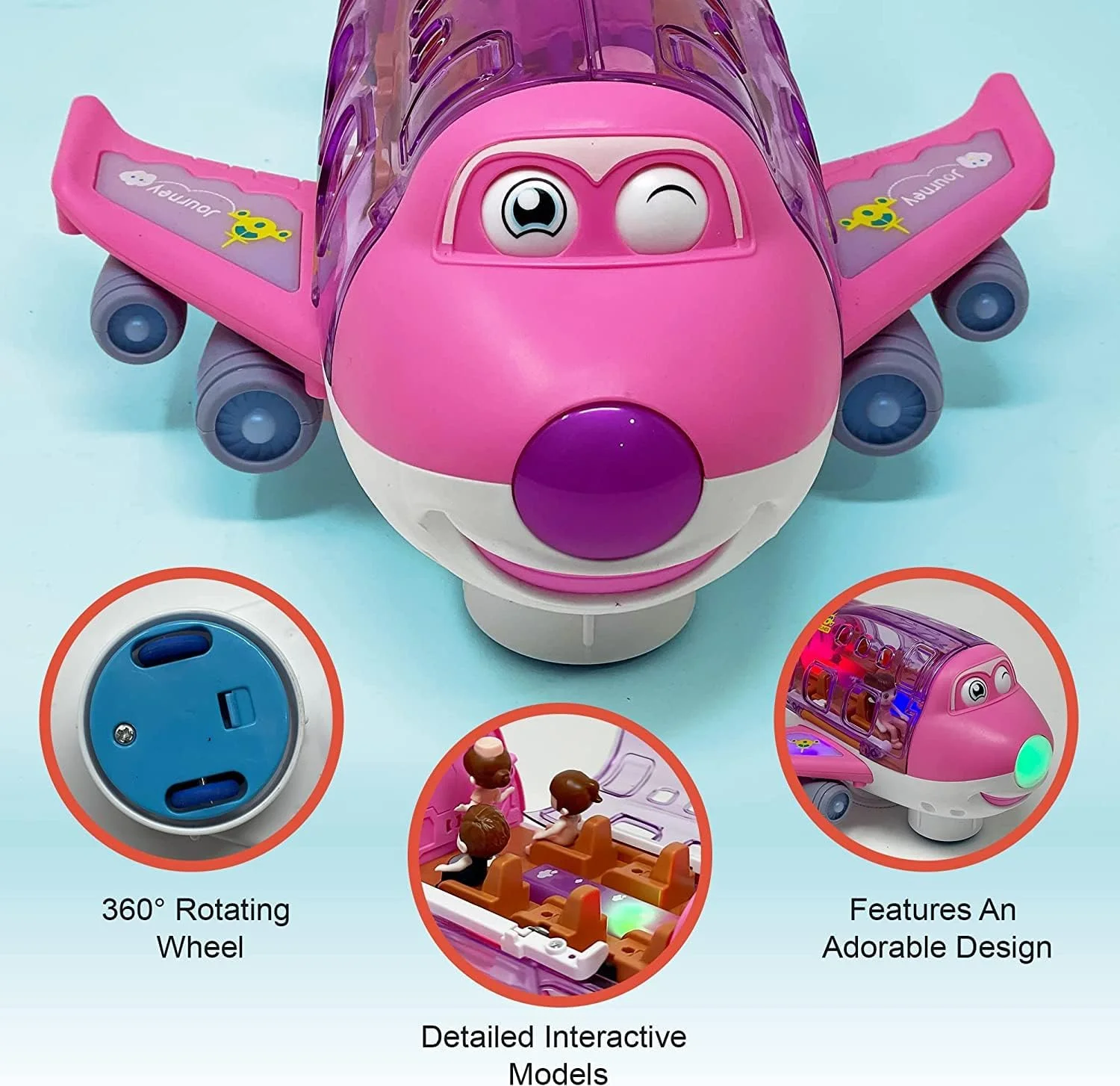 اسباب بازی هواپیمای صورتی کودکانه برای دختران با چراغ های رنگارنگ، موسیقی و صداها، چرخ های اتوماتیک 360 درجه - هدیه تولد برای کودکان نوپا 2-7 ساله