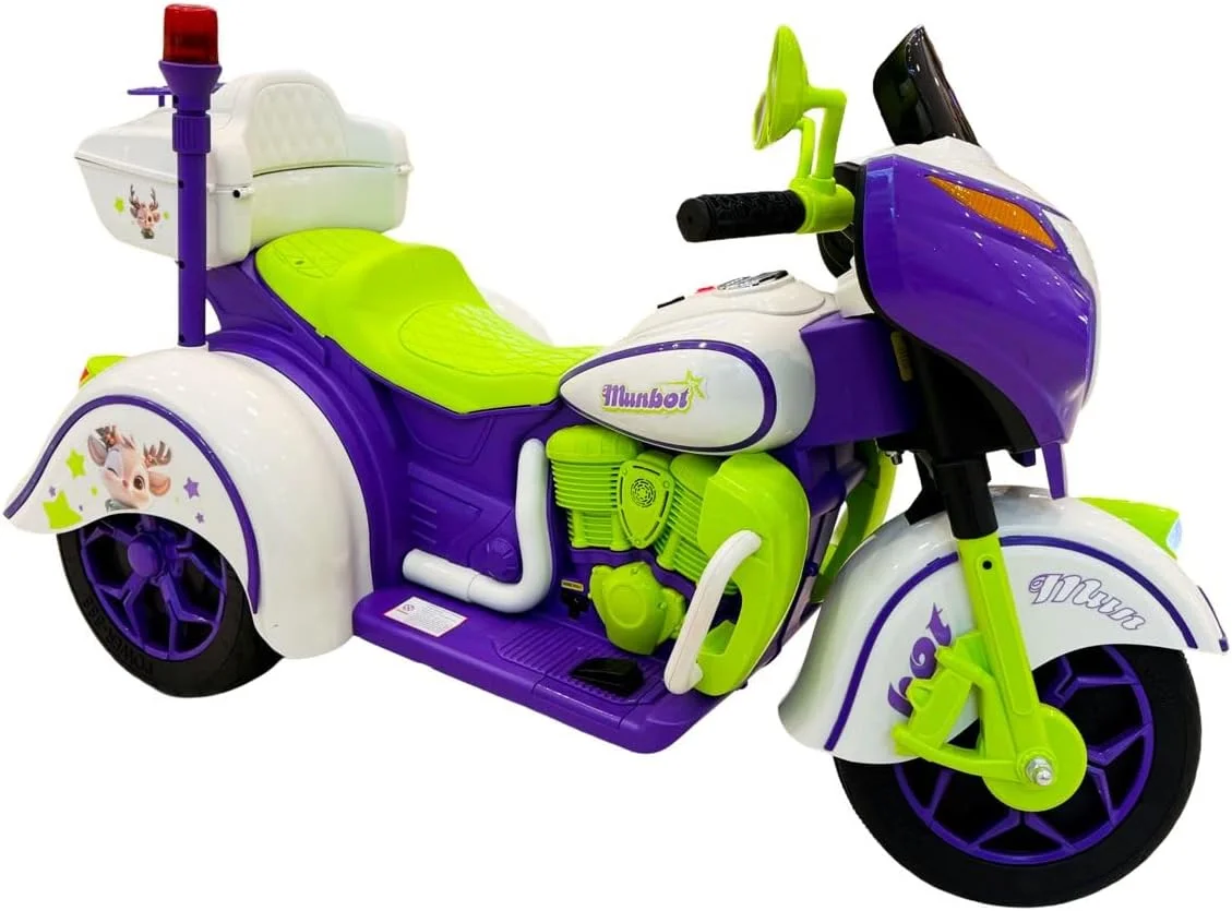 موتور سیکلت برقی کودکانه WINNER 12V، بنفش و سفید با چراغ های LED، چراغ پلیس تزئینی مناسب 4 تا 7 سال موتور سیکلت برقی کودکانه WINNER 12V، بنفش و سفید با چراغ های LED، چراغ پلیس تزئینی مناسب 4 تا 7 سال